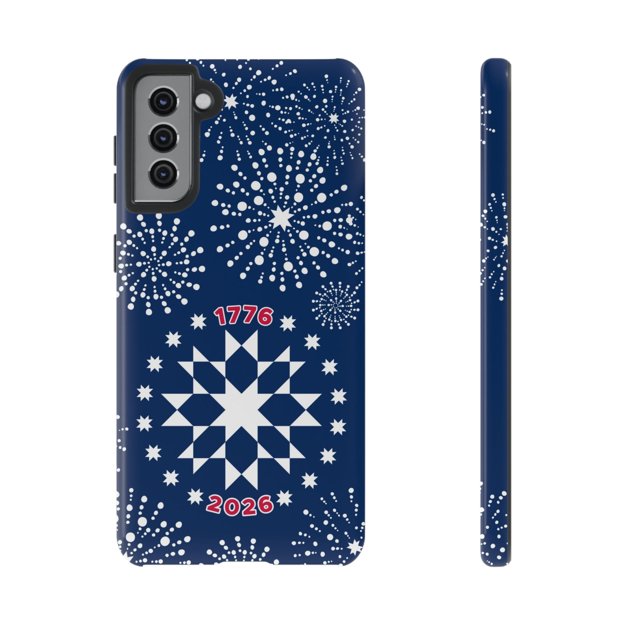 250th Fireworks Samsung Galaxy S21 Plus Case – Glossy | navy, white patriotic star quilt fireworks print
