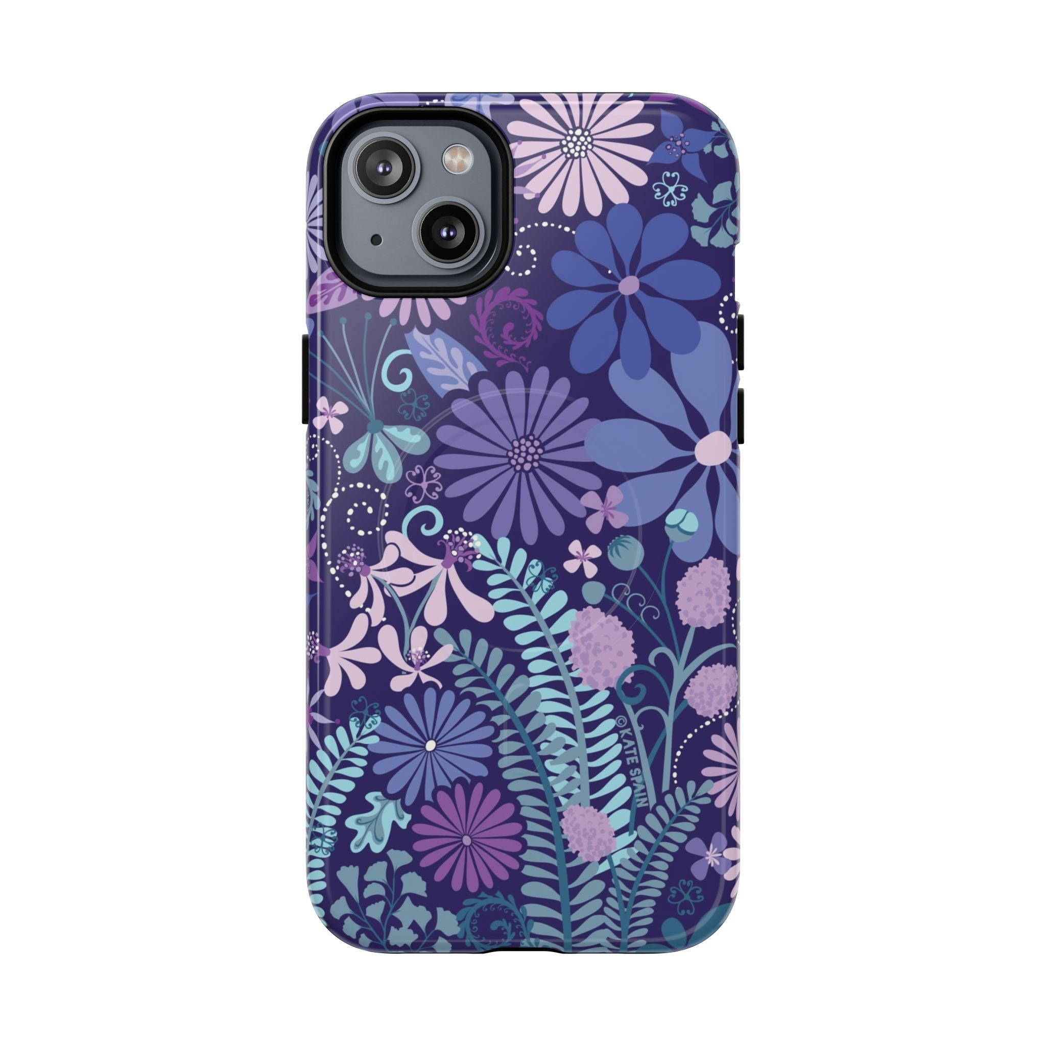 Terrain Night MagSafe iPhone 14 Plus Case – Glossy | navy, purple, aqua botanical woodland floral print