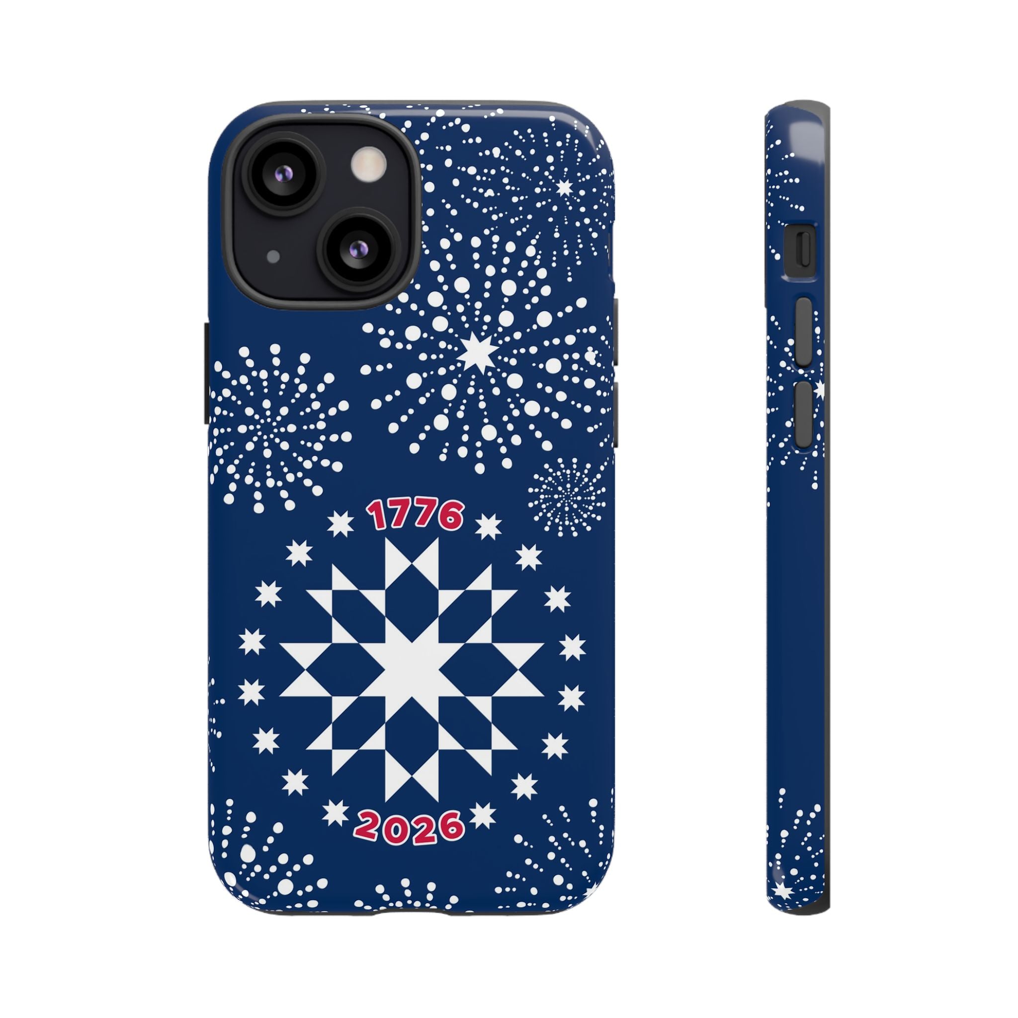 250th Fireworks Tough iPhone 13 Mini Case – Glossy | navy, white patriotic star quilt fireworks print
