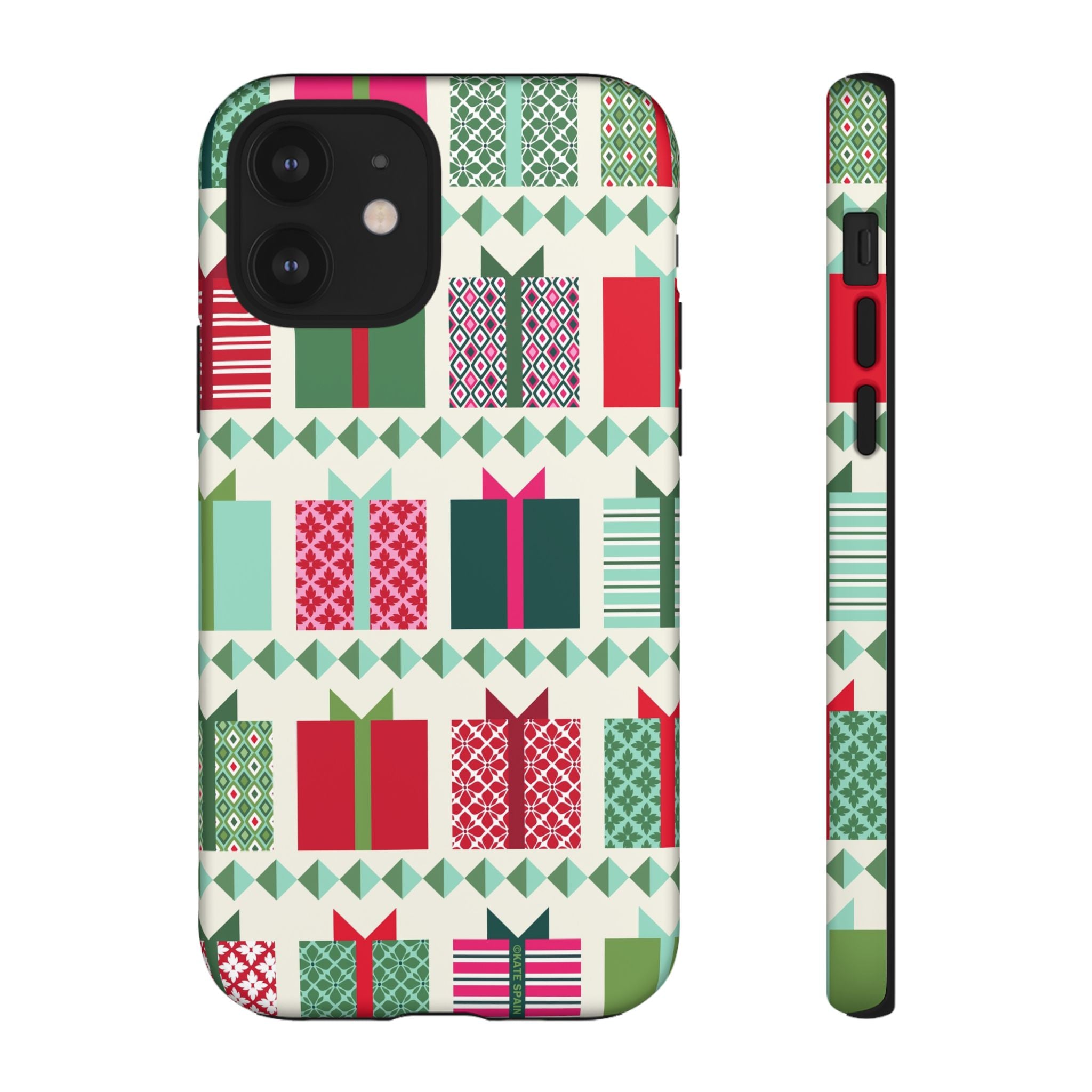 All Wrapped Up Tough iPhone 12 Case – Matte | cream, red, pink, green, mint geometric gift wrap holiday print