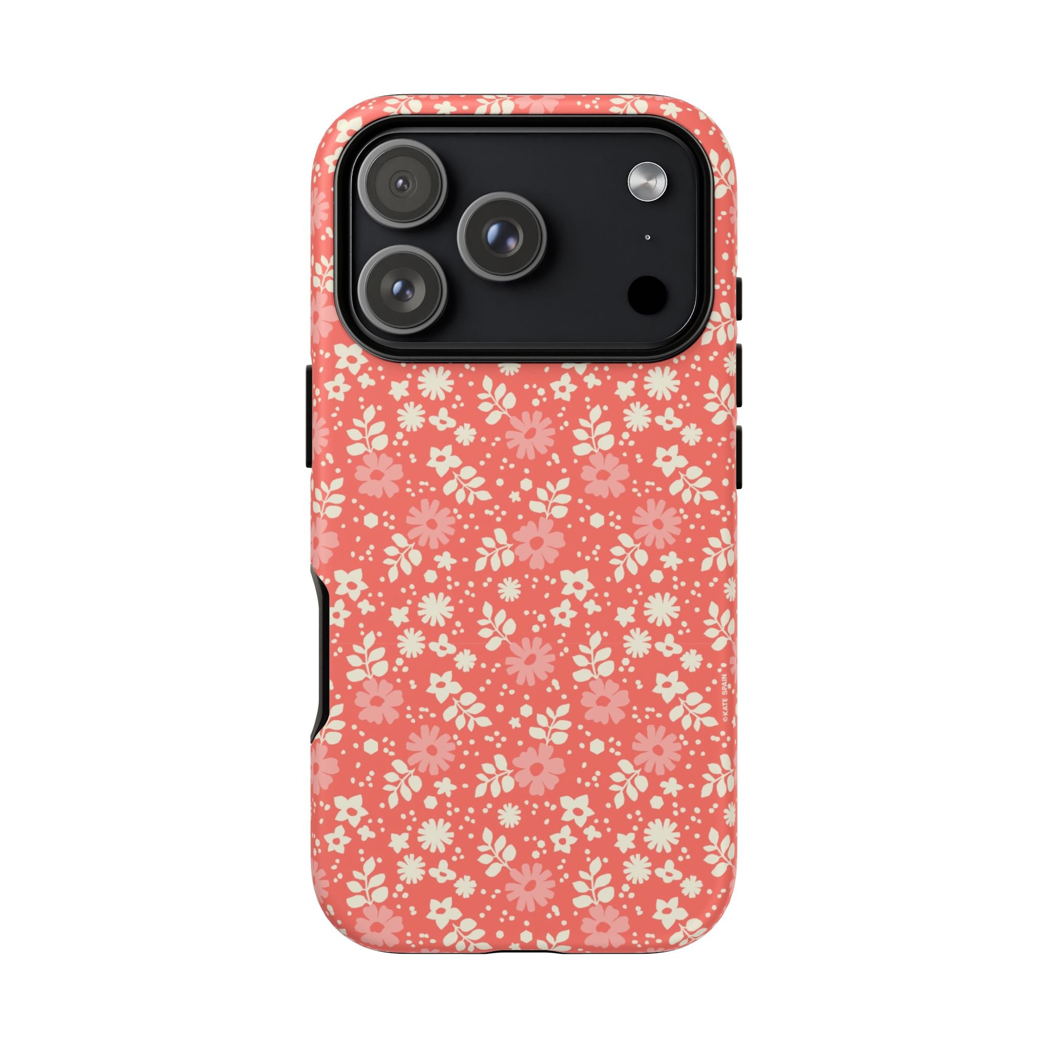 Petaline Tough iPhone 17 Pro Case – Glossy | coral, pink, cream ditsy floral print