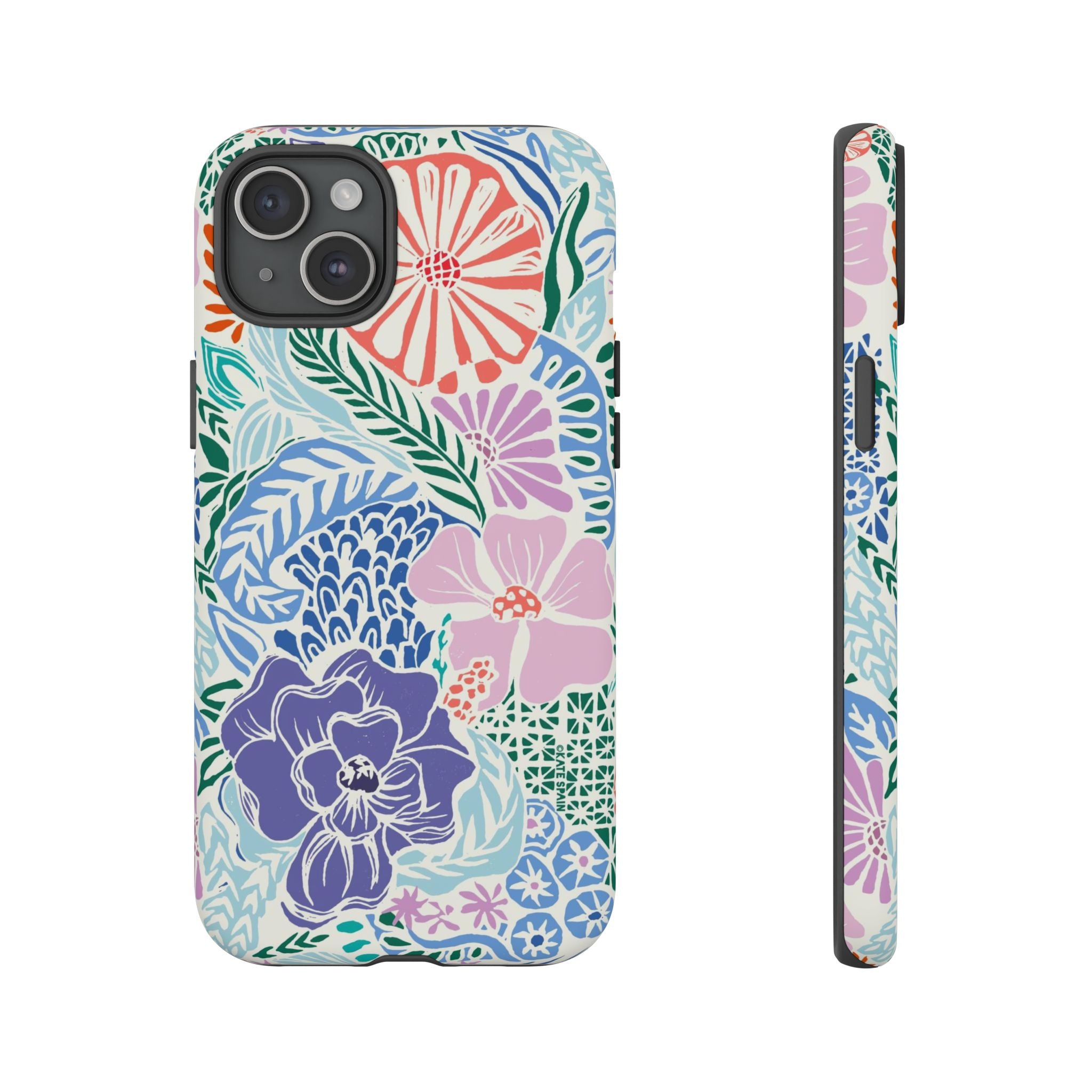 Tropica Tough iPhone 15 Plus Case – Matte | purple, coral, pink, blue botanical tropical floral print