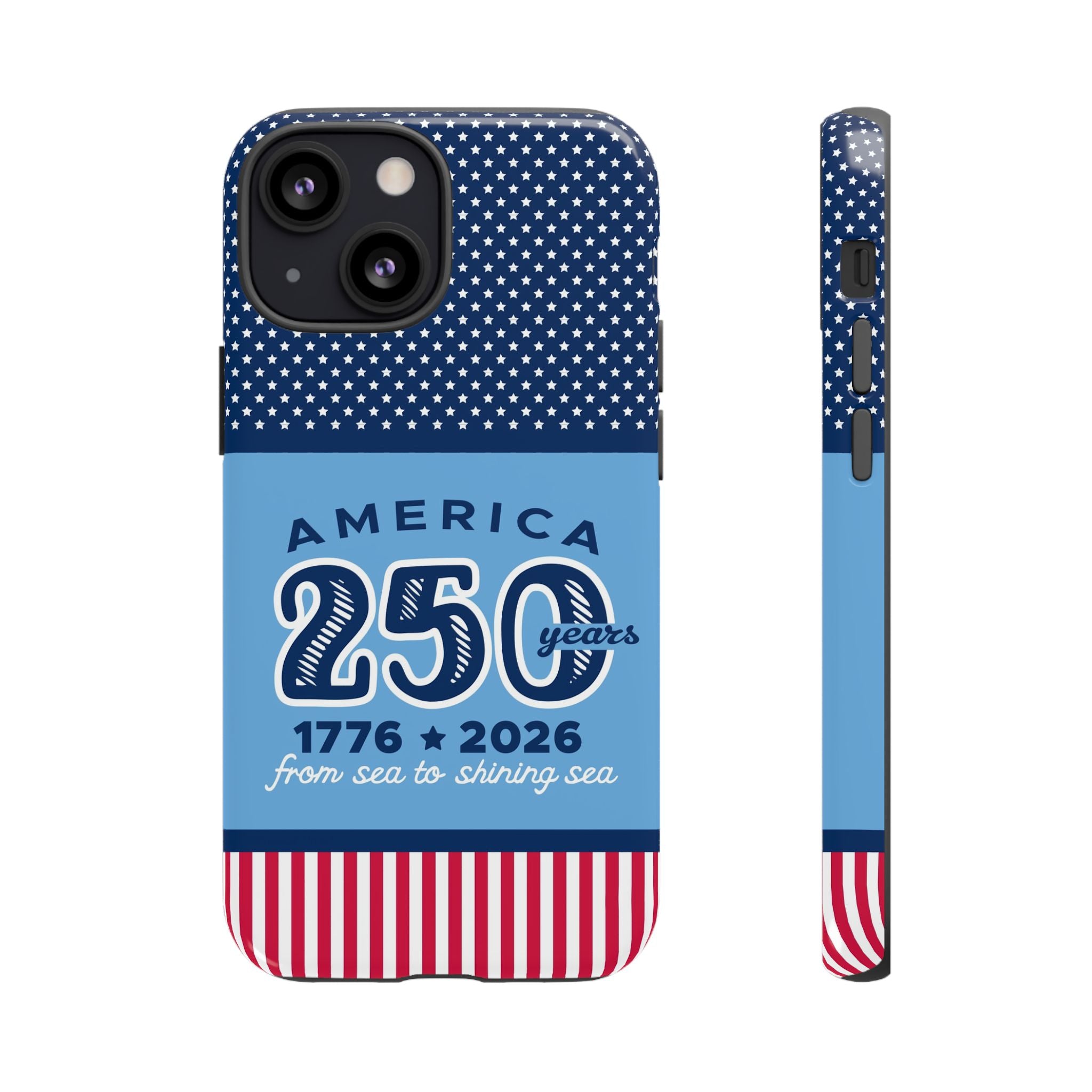 Sea to Shining Sea Tough iPhone 13 Mini Case – Glossy | navy, sky blue, red, white American stars & stripes 250th anniversary print