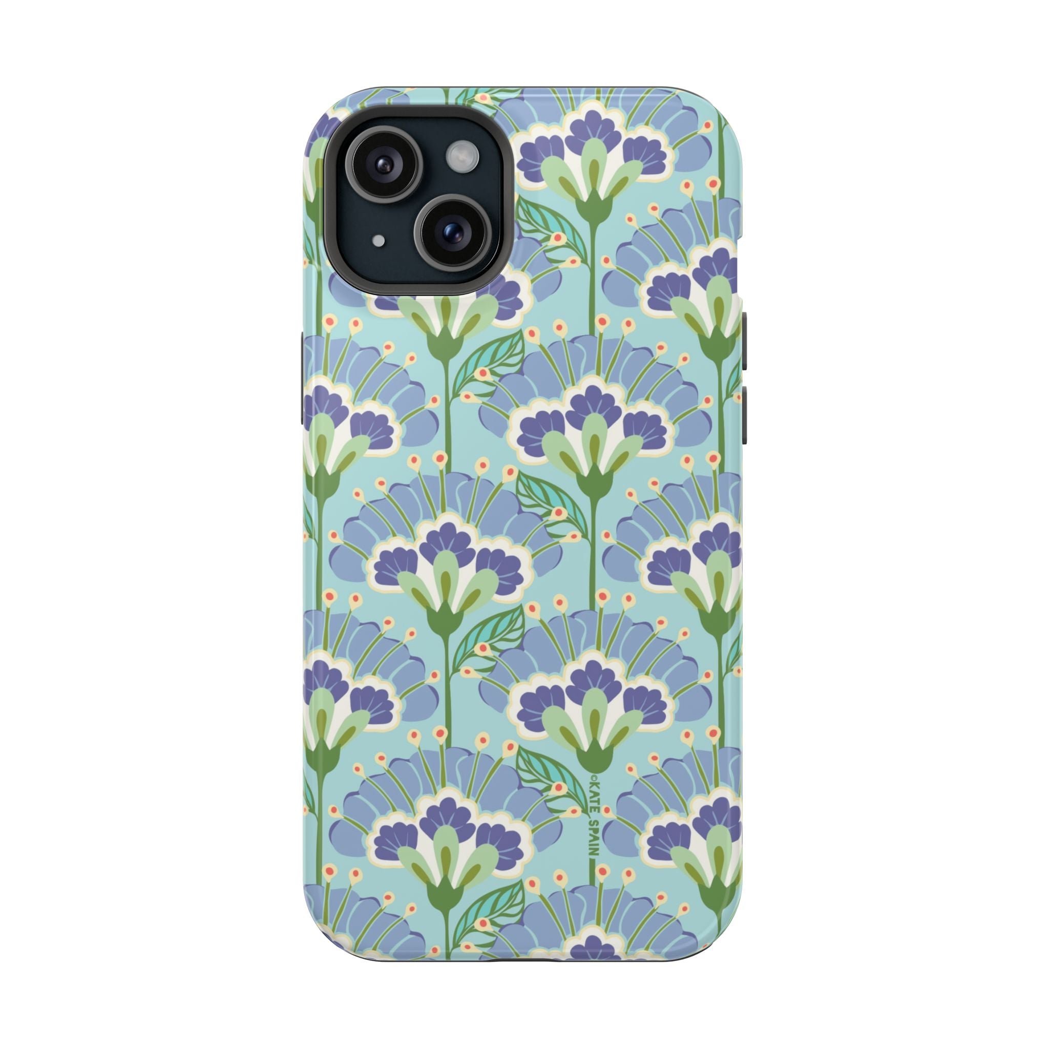Lantern Flower MagSafe iPhone 15 Plus Case – Glossy | aqua, periwinkle, green botanical lantern floral print MagSafe compatible, dual-layer protection