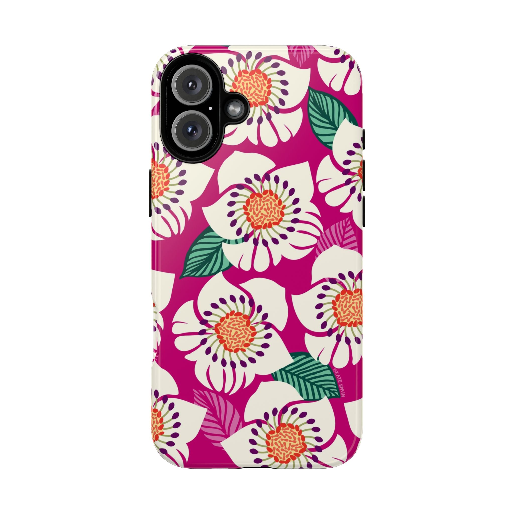 Panache Rose Tough iPhone 16 Plus Case – Glossy | berry, cream white, peach anemone floral print