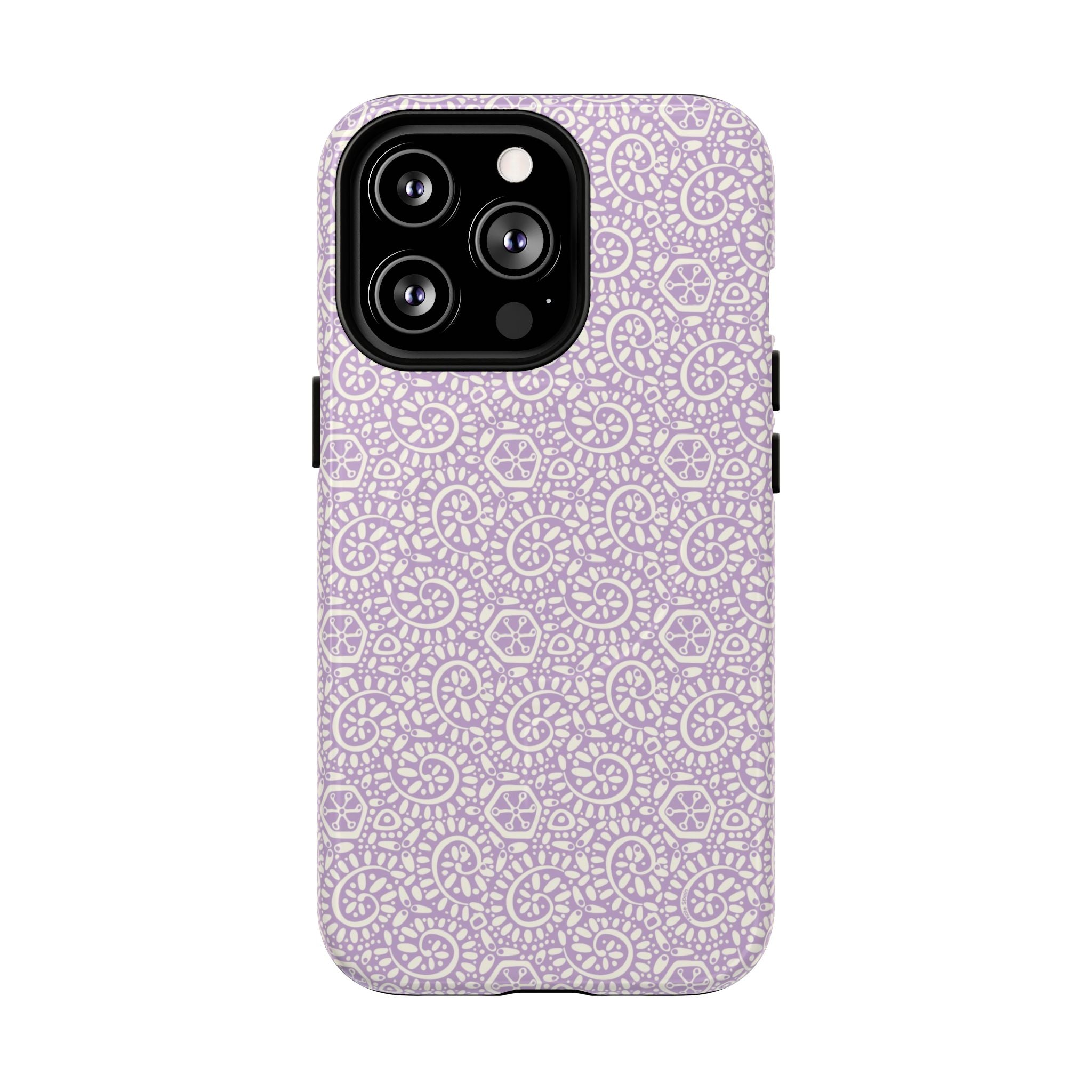 Canto Swirls Lavender MagSafe iPhone 13 Pro Glossy Case — lavender hard case covered in an intricate folk-art medallion pattern of radiating circular motifs, dot clusters, and geometric centers