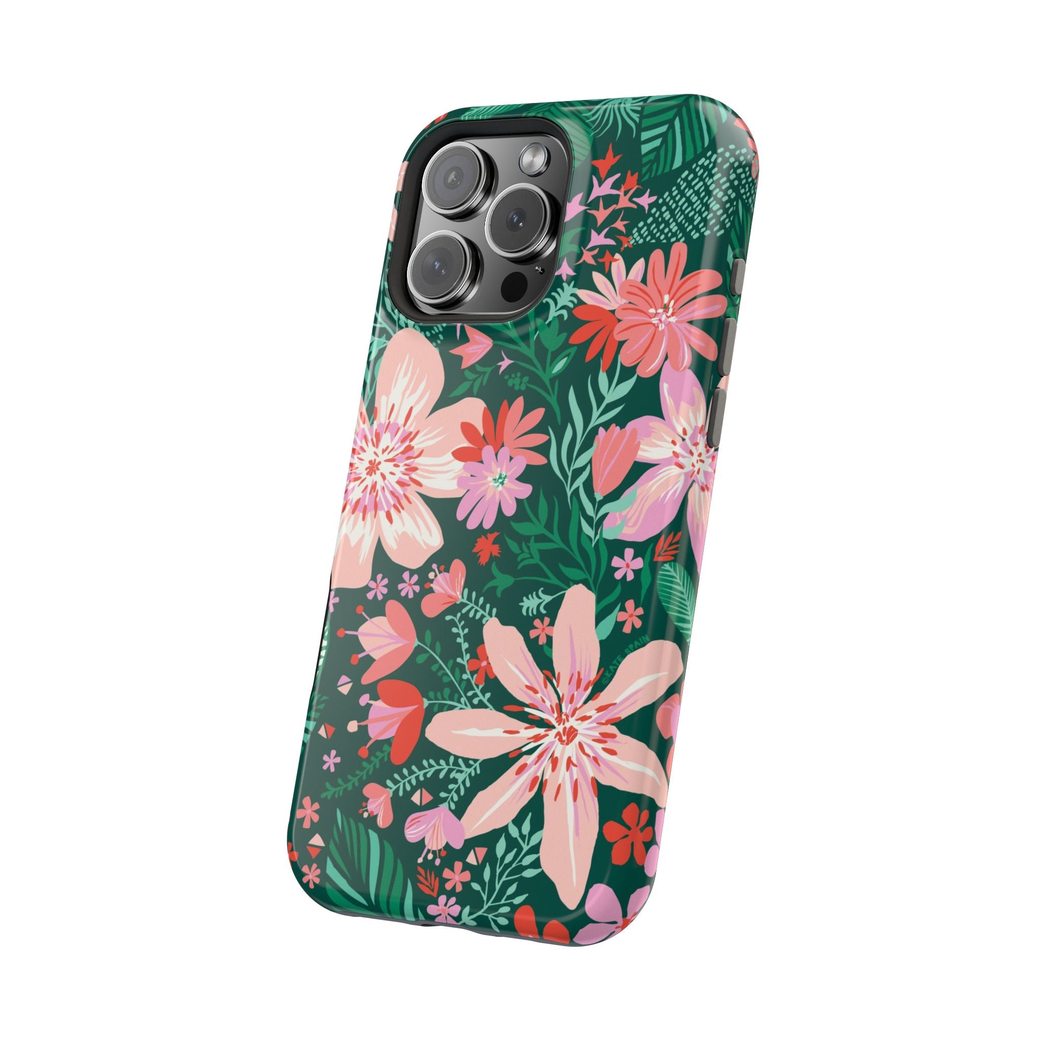 Bonaire MagSafe iPhone 16 Pro Max Case – Matte | angled view, forest green, blush, coral tropical floral print