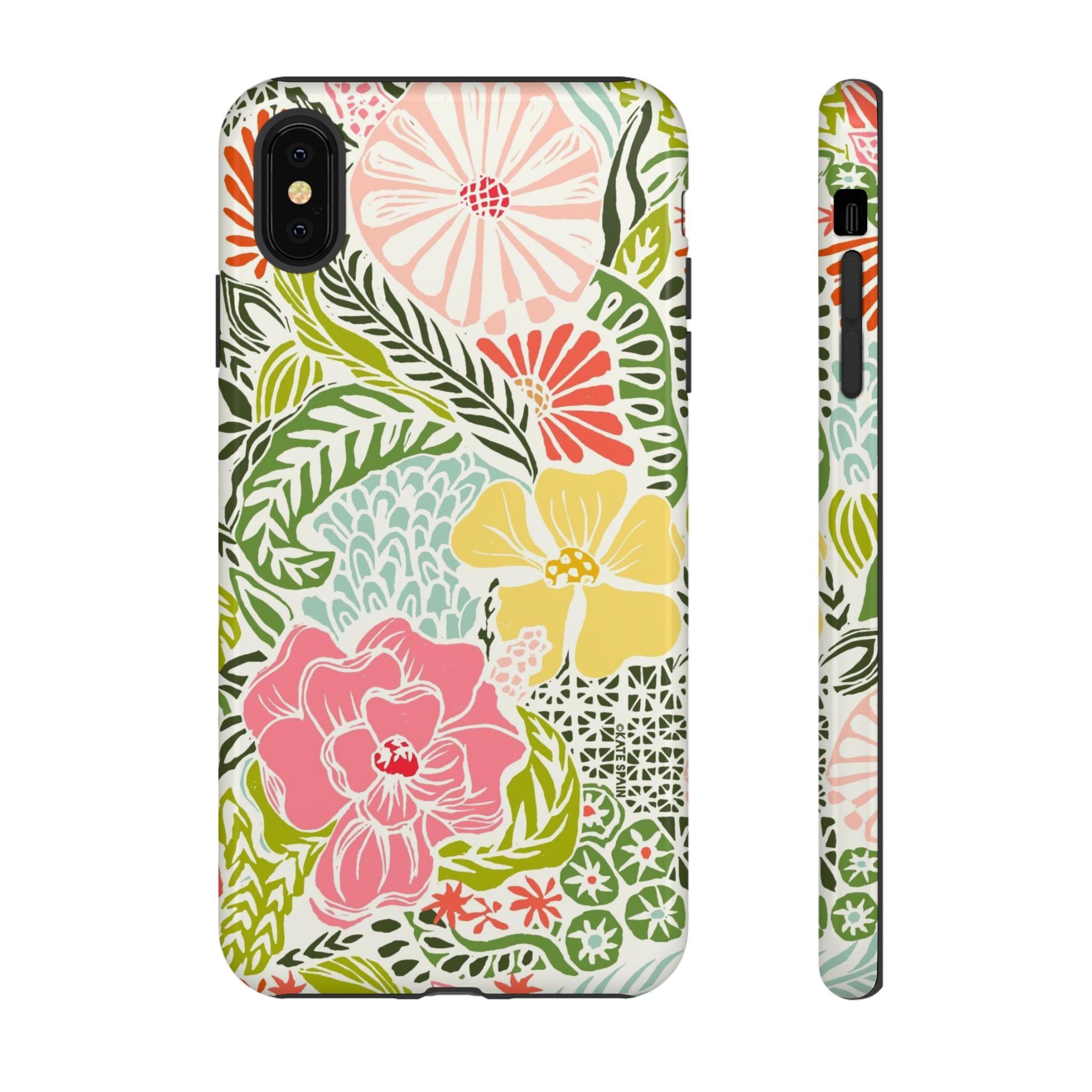 Tropica Tough iPhone XS Max Case – Glossy | cream, pink, yellow, blue botanical floral print