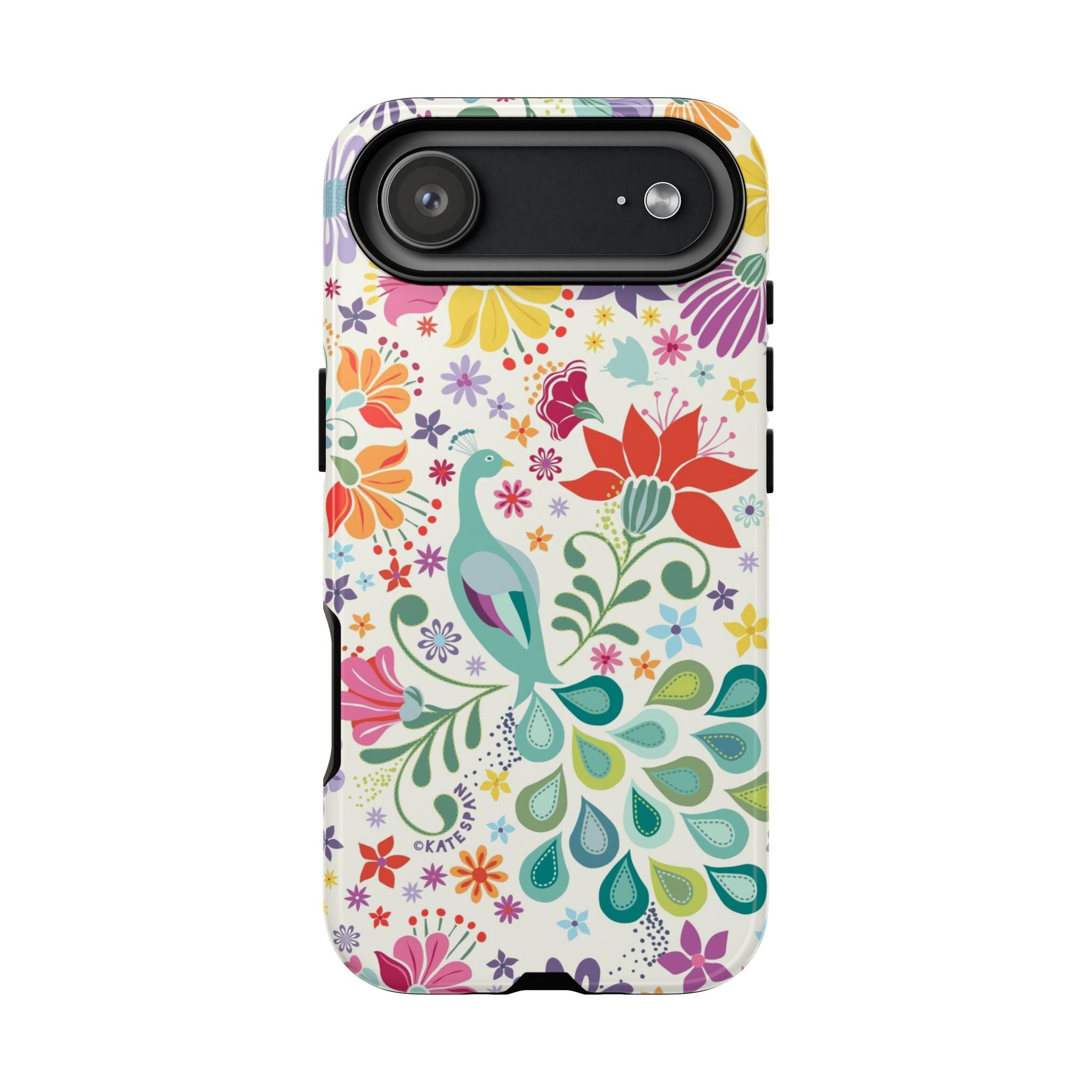 Peacock Sanctuary Tough iPhone 17 Air Case – Glossy | white, teal, coral multicolor vibrant peacock feather botanical print
