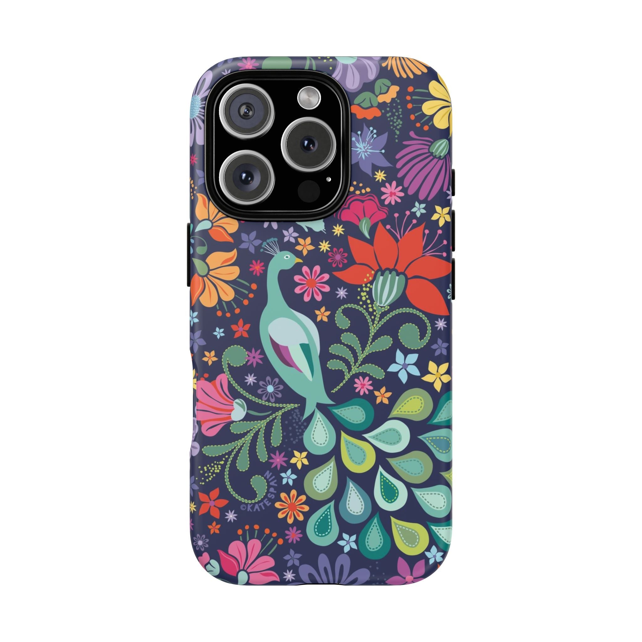 Peacock Sanctuary Tough iPhone 16 Pro Case – Glossy | navy, teal, coral multicolor vibrant peacock feather botanical print