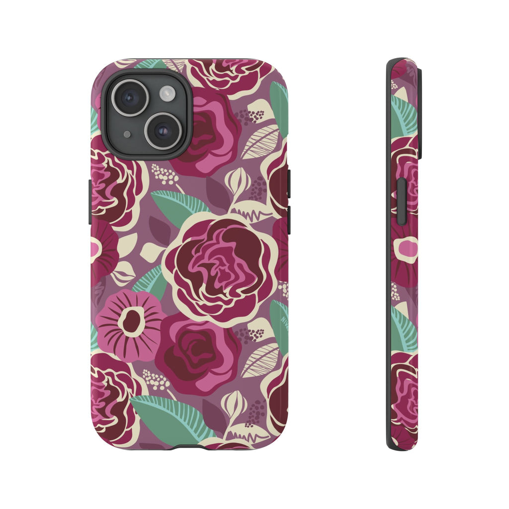Tea Rose Burgundy Tough iPhone 15 Case – Glossy | burgundy, magenta, plum botanical rose floral print