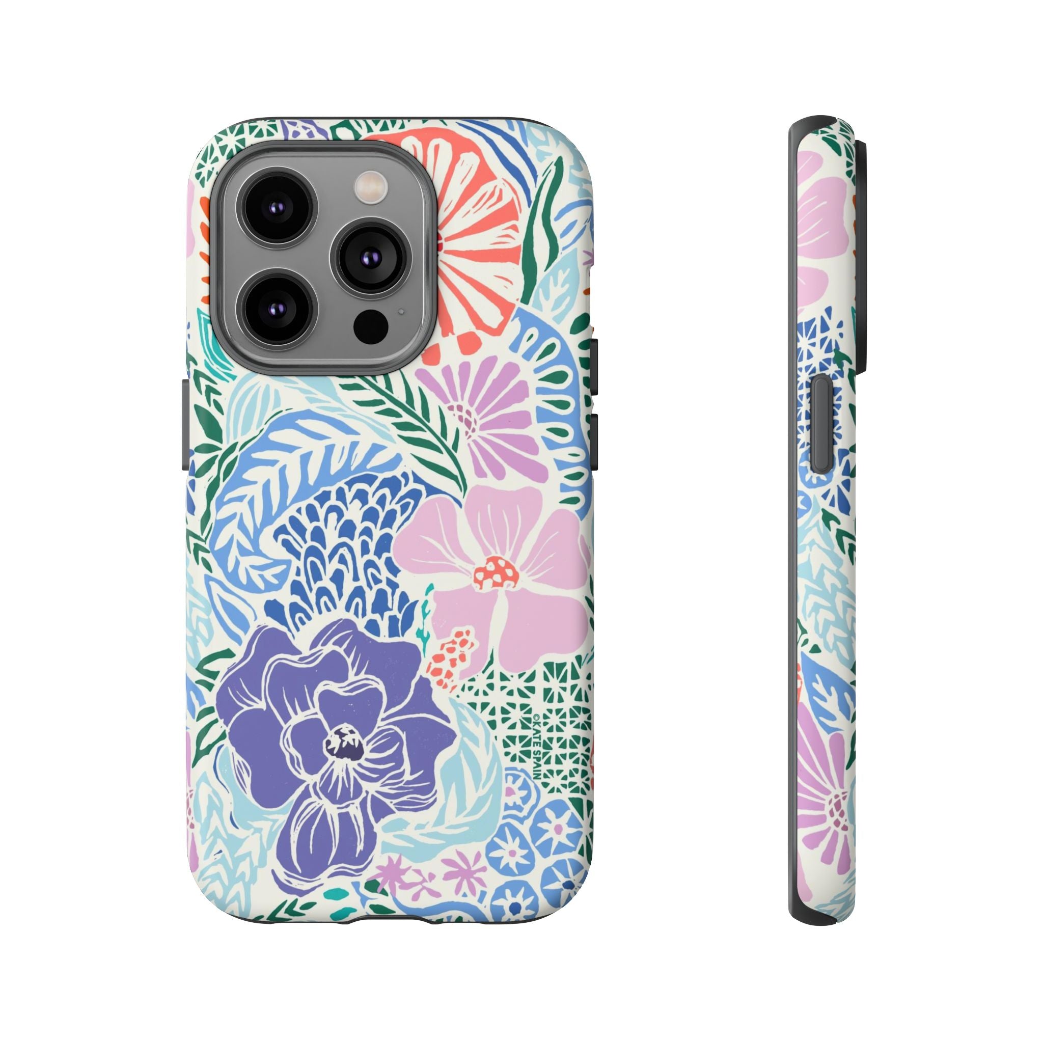 Tropica Tough iPhone 14 Pro Case – Matte | purple, coral, pink, blue botanical tropical floral print