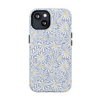 Montauk Daisy Cottage Blue MagSafe iPhone 13 Case – Matte | periwinkle blue, white graphic daisy and fern print, golden yellow centers MagSafe compatible, dual-layer protection
