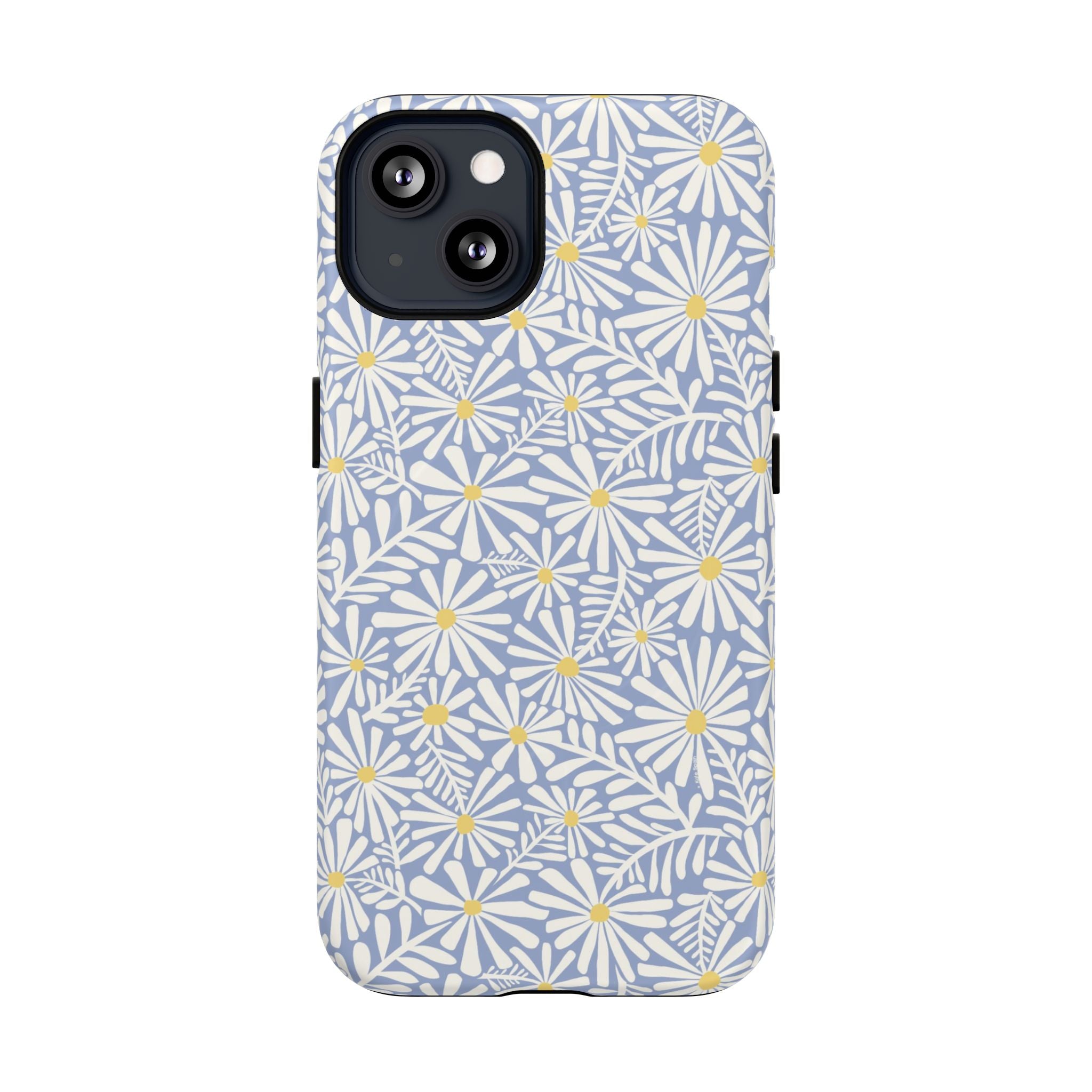 Montauk Daisy Cottage Blue MagSafe iPhone 13 Case – Matte | periwinkle blue, white graphic daisy and fern print, golden yellow centers MagSafe compatible, dual-layer protection