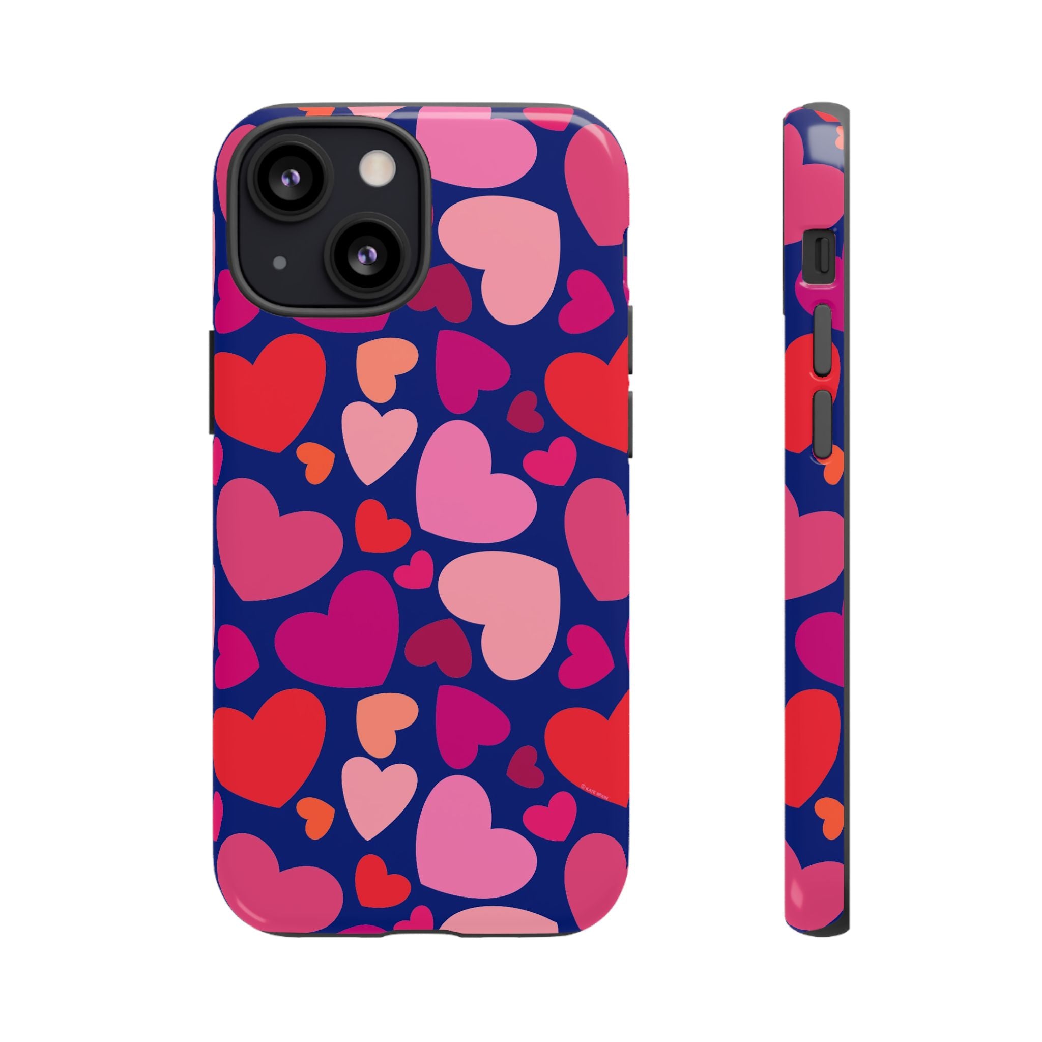 Hearts Tough iPhone 13 Mini Case – Glossy | navy, pink, red, coral scattered heart print