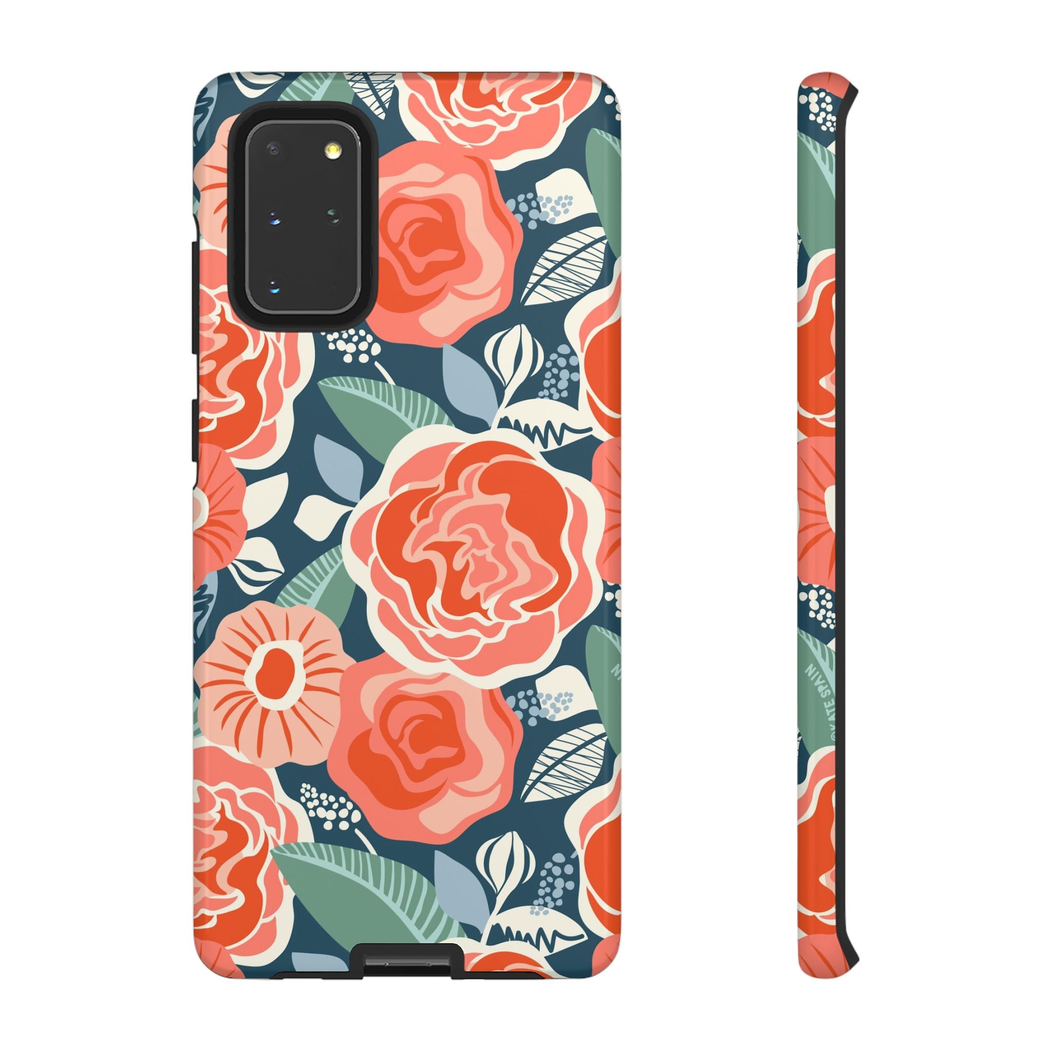 Luxury Tea Rose Navy Samsung Galaxy S20+ Case – Glossy | navy, coral, peach botanical rose floral print