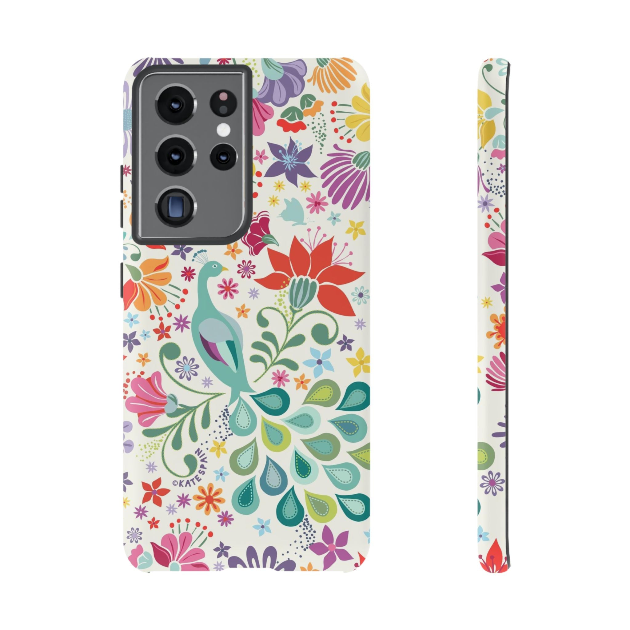 Luxury Peacock Sanctuary Samsung Galaxy S21 Ultra Case – Matte | white, teal, coral multicolor vibrant peacock feather botanical print
