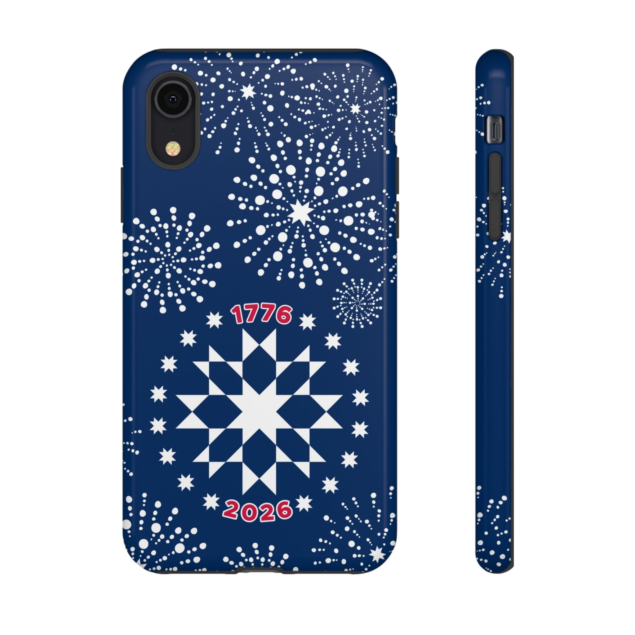 250th Fireworks Tough iPhone XR Case – Glossy | navy, white patriotic star quilt fireworks print