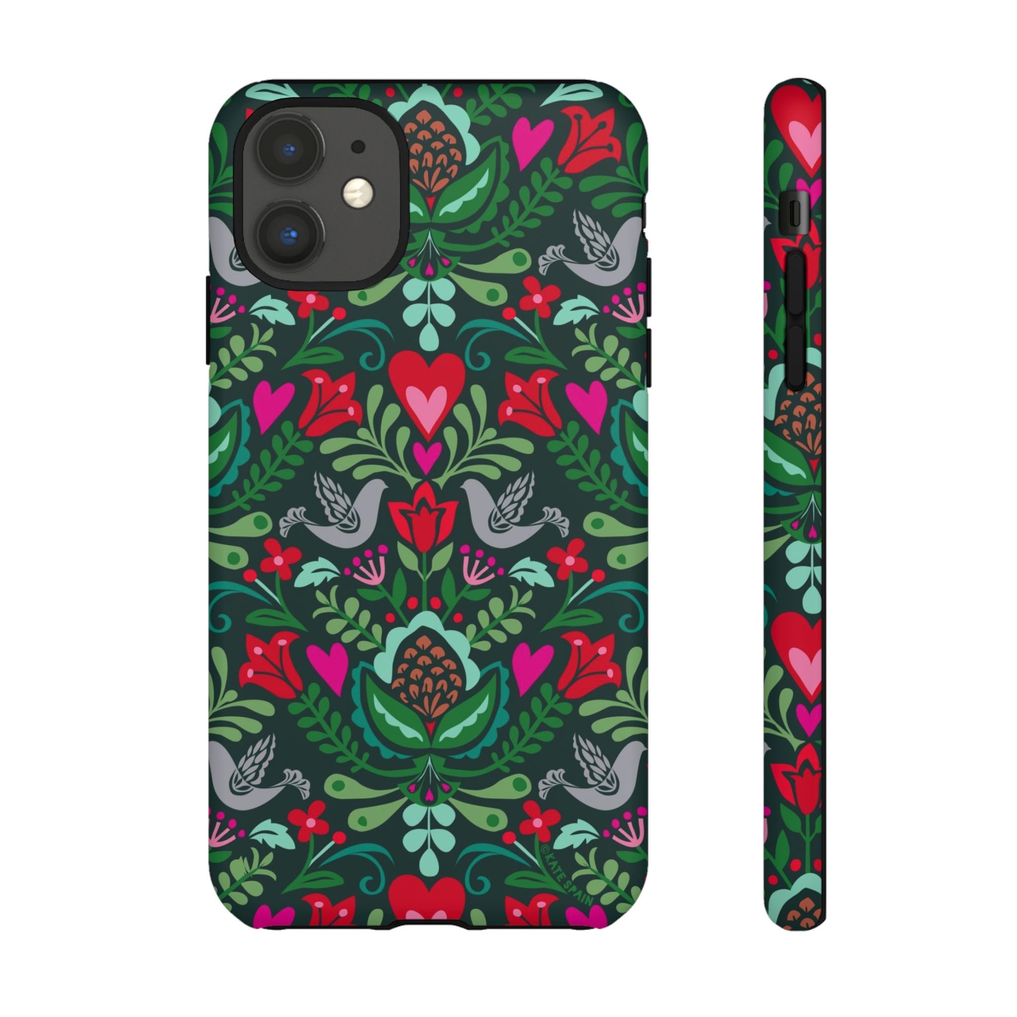 Rosemaling Tough iPhone 11 Case – Matte | dark green, red, pink, gray folk art floral bird print