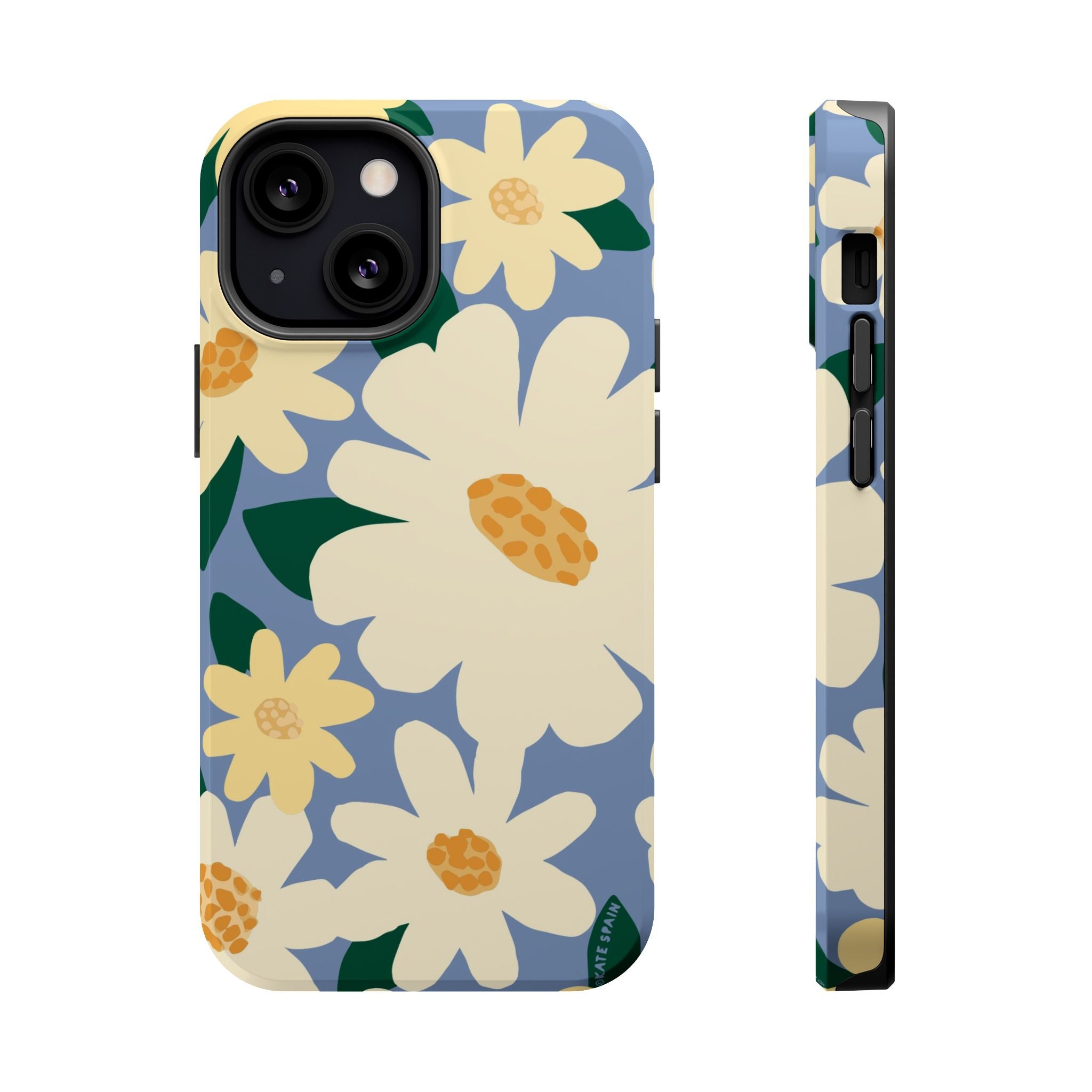 Chamomile MagSafe iPhone 13 Mini Case – Glossy | periwinkle, cream, yellow botanical daisy floral print MagSafe compatible, dual-layer protection