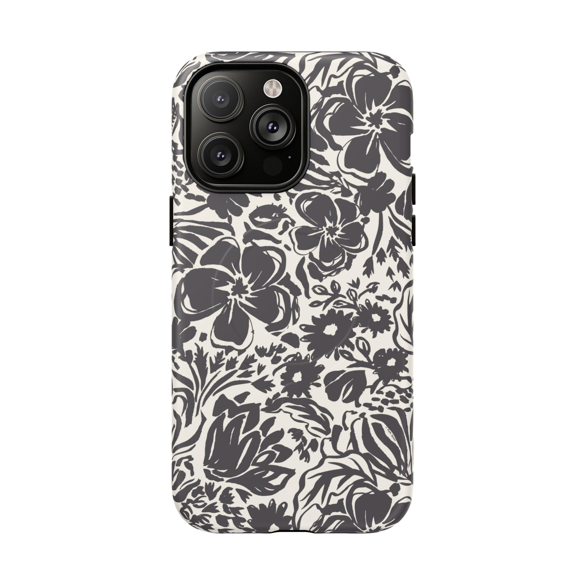 Rhapsody Black MagSafe iPhone 14 Pro Max Matte case — bold charcoal floral print on cream by Kate Spain