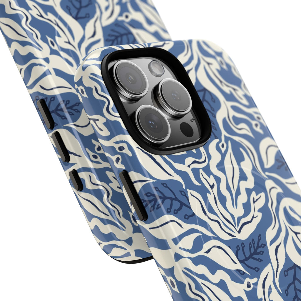 Ocean Tides MagSafe iPhone 16 Pro Max Case – Dual-layered view of case and inner lining in front of phone, with view of camera cutout and buttons | blue and white tidal bed ocean print