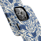 Ocean Tides MagSafe iPhone 16 Pro Max Case – Dual-layered view of case and inner lining in front of phone, with view of camera cutout and buttons | blue and white tidal bed ocean print