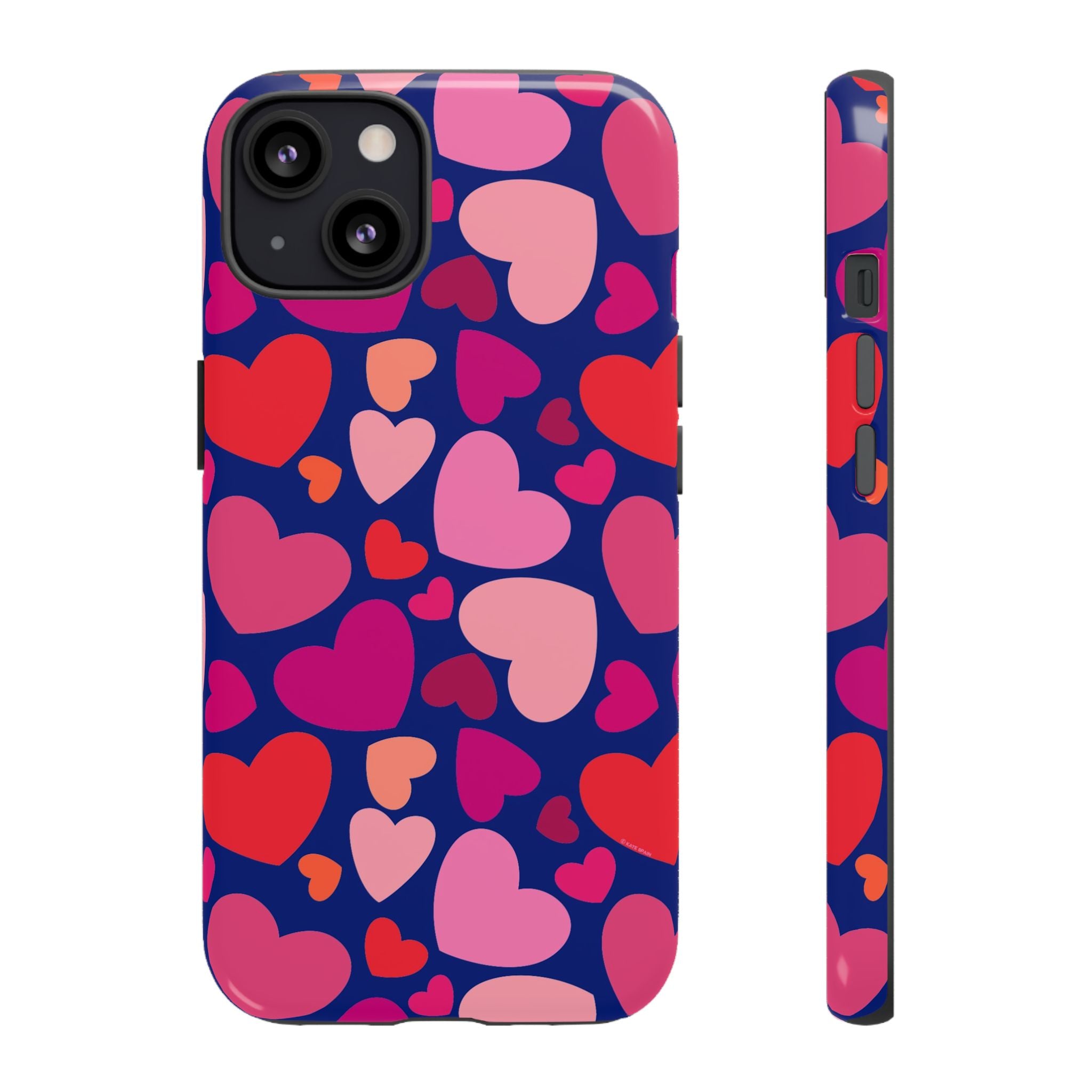 Hearts Tough iPhone 13 Case – Matte | navy, pink, red, coral scattered heart print