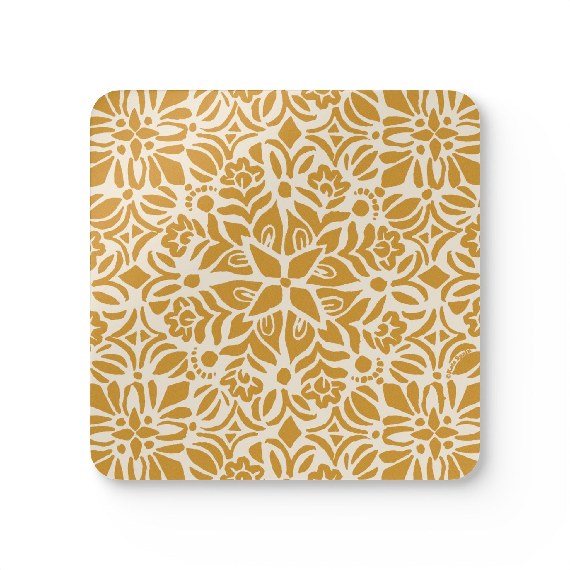 Square coaster with a yellow floral pattern on a white background