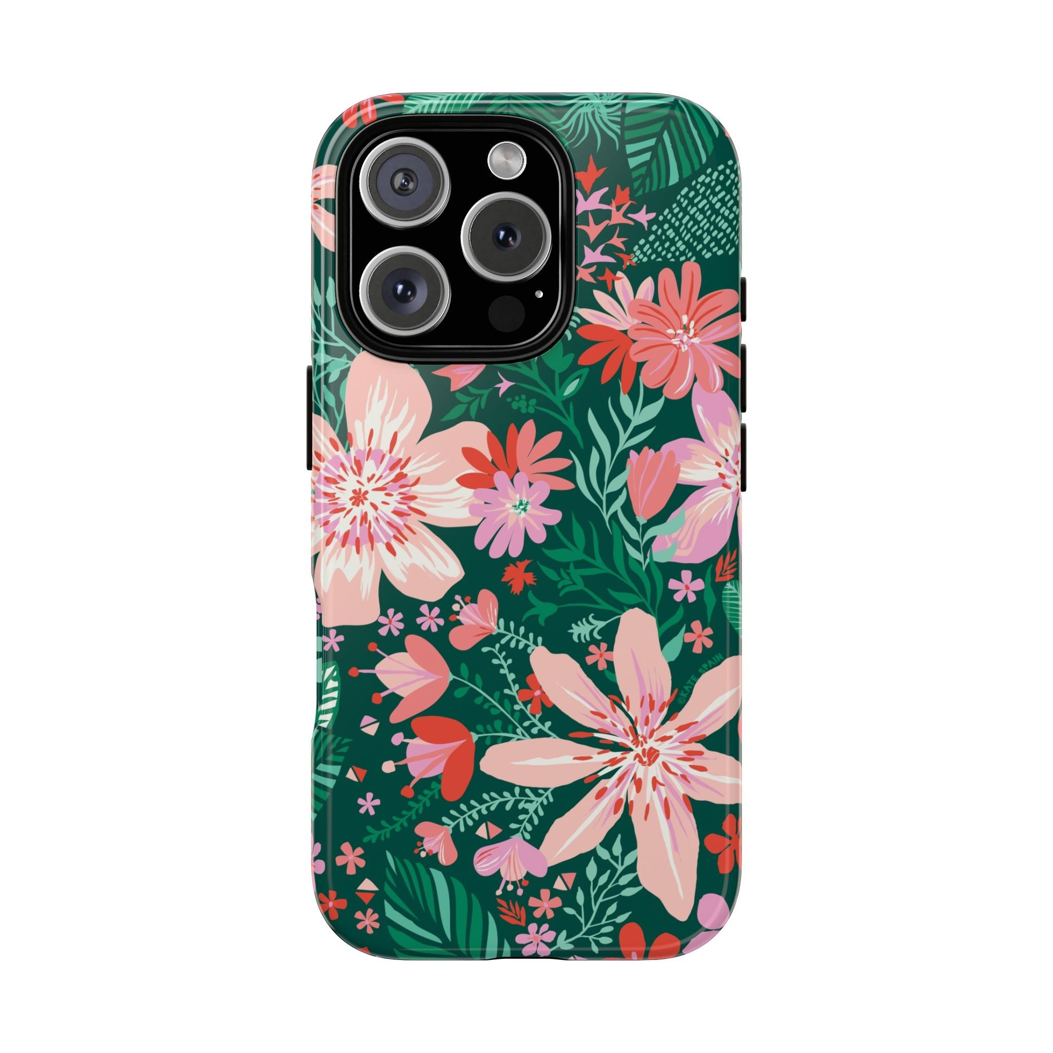 Bonaire Tough iPhone 16 Pro Max Case – Glossy | jade, pink, white tropical floral botanical print