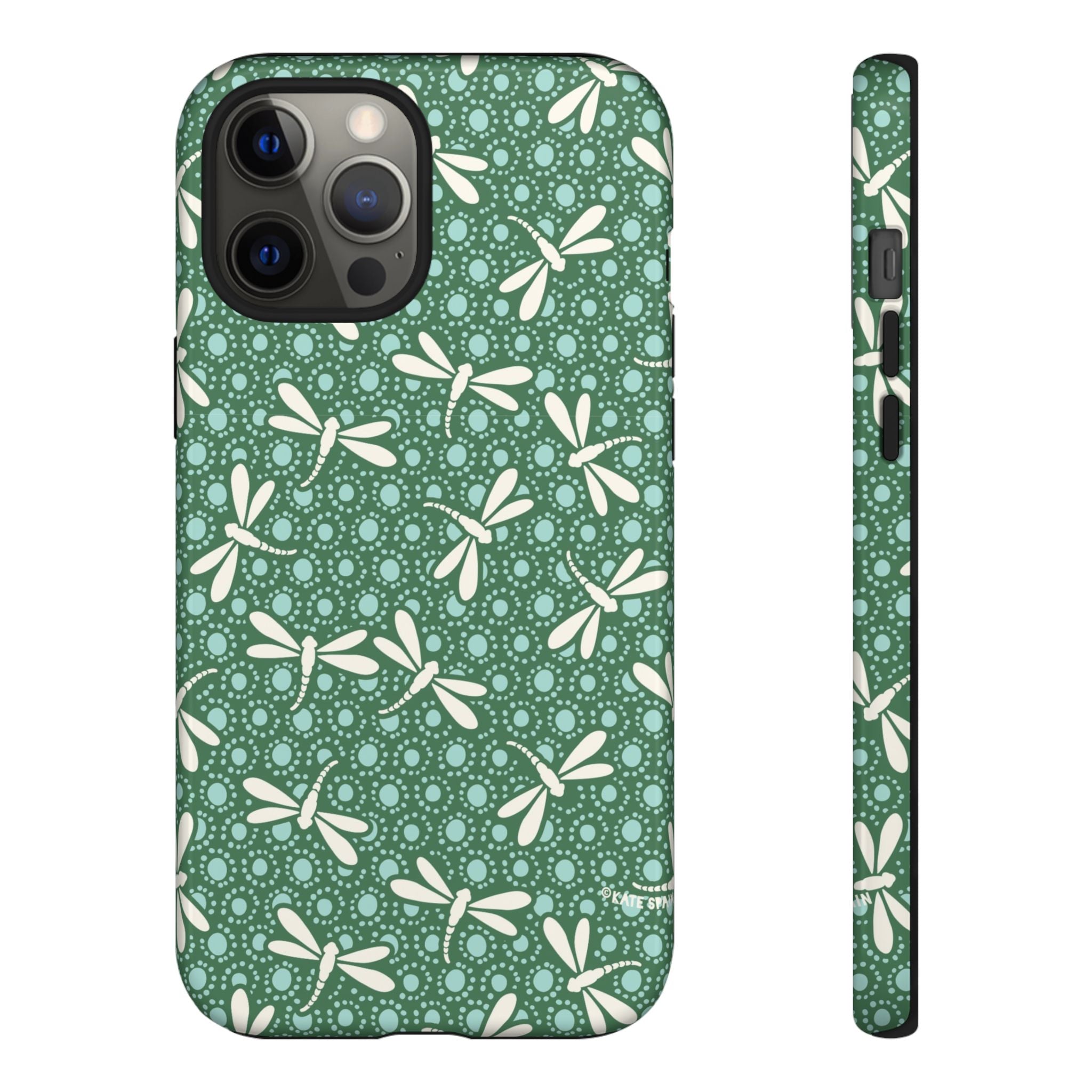 Designer Dragonfly Tough iPhone 12 Pro Max Case – Glossy | jade green, aqua, cream dragonfly print