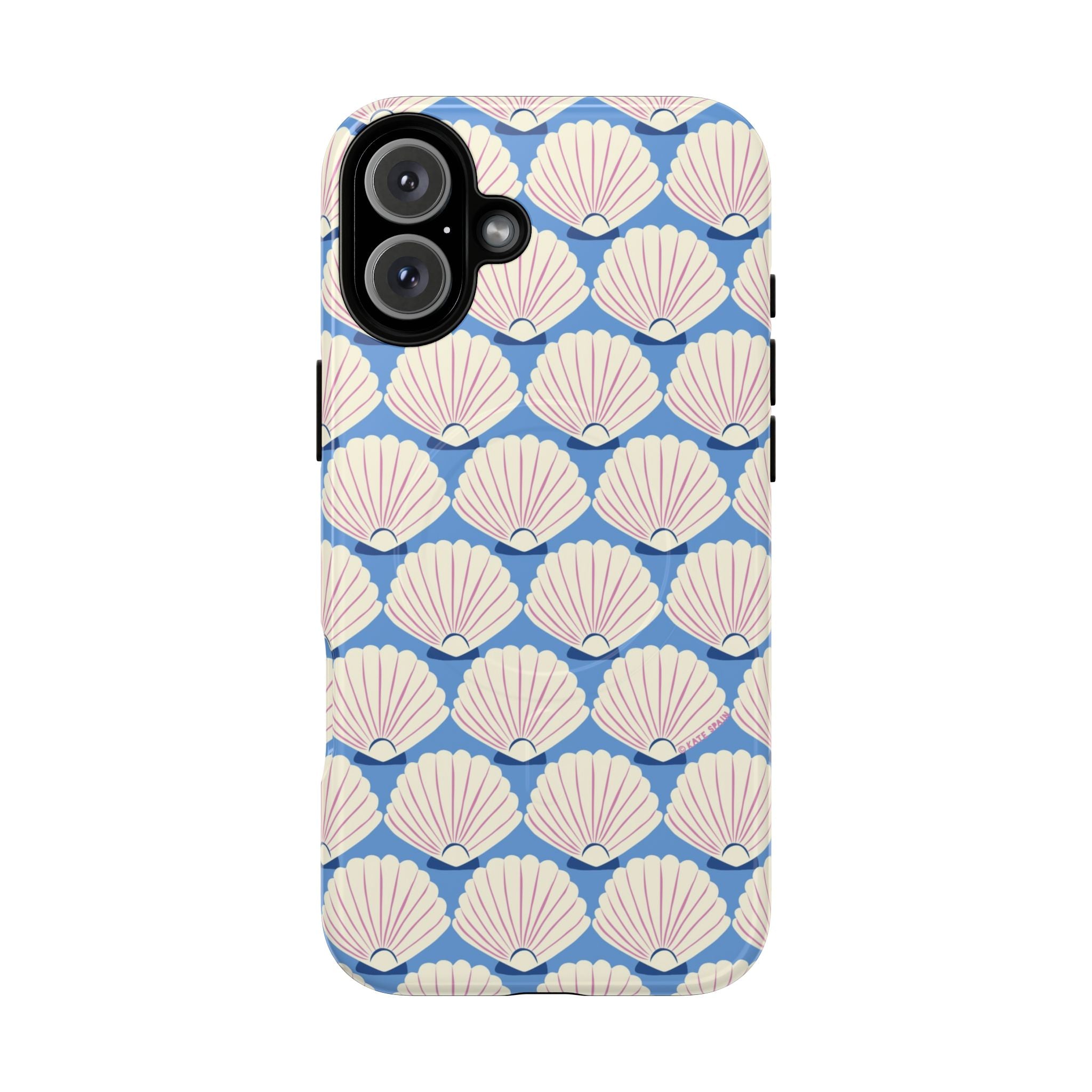 Seashells MagSafe iPhone 16 Plus Case – Glossy | periwinkle, cream, blush scallop shell print