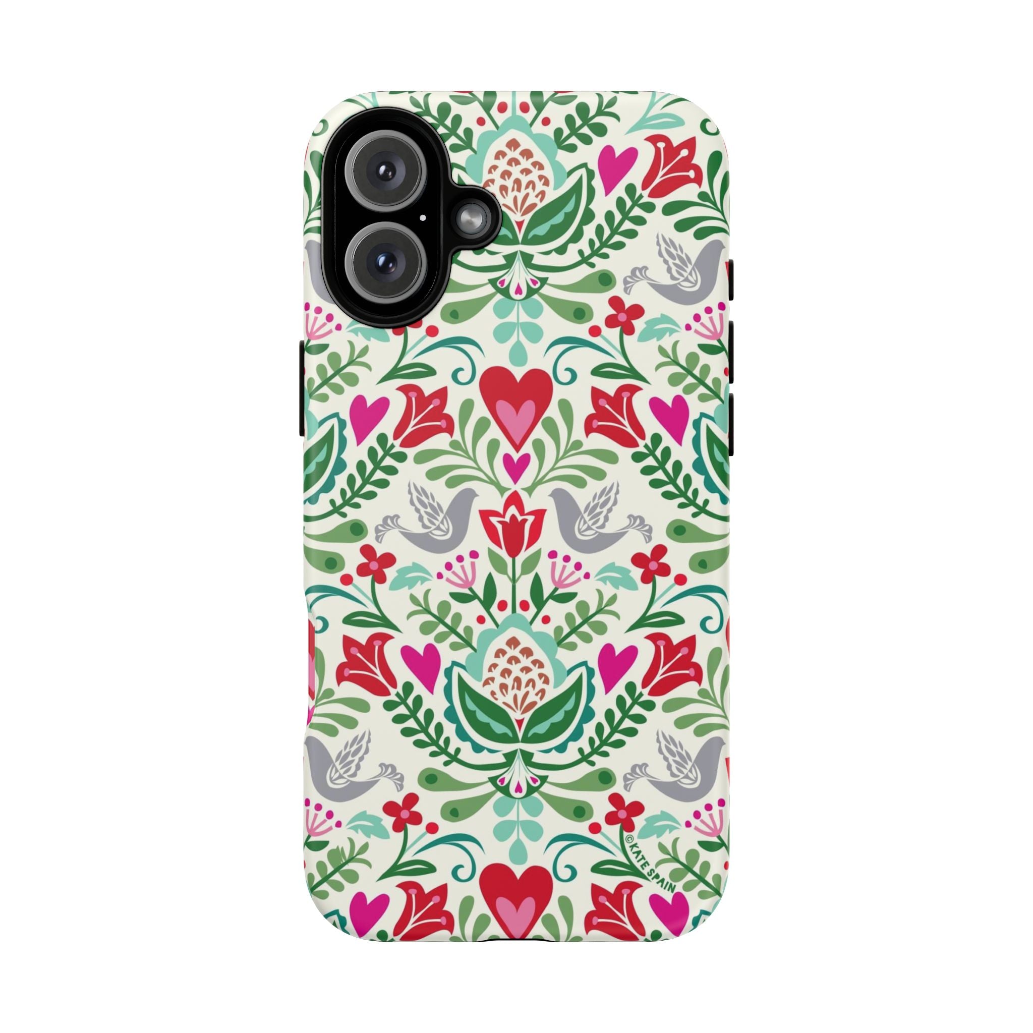 Rosemaling Tough iPhone 16 Plus Case – Matte | cream, red, pink, green, gray folk art floral bird print