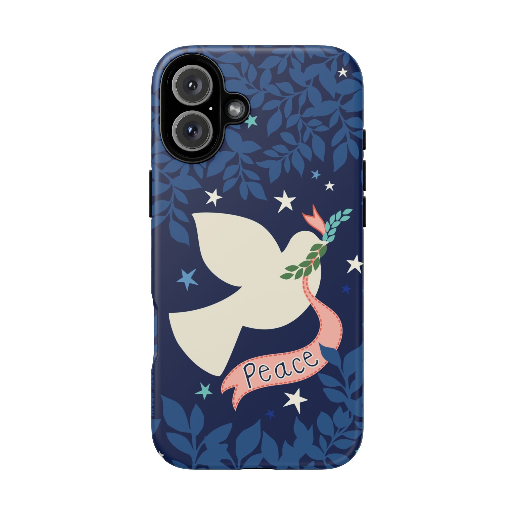 Peace Tough iPhone 16 Plus Case – Matte | navy, cream peace dove, stars, botanical print
