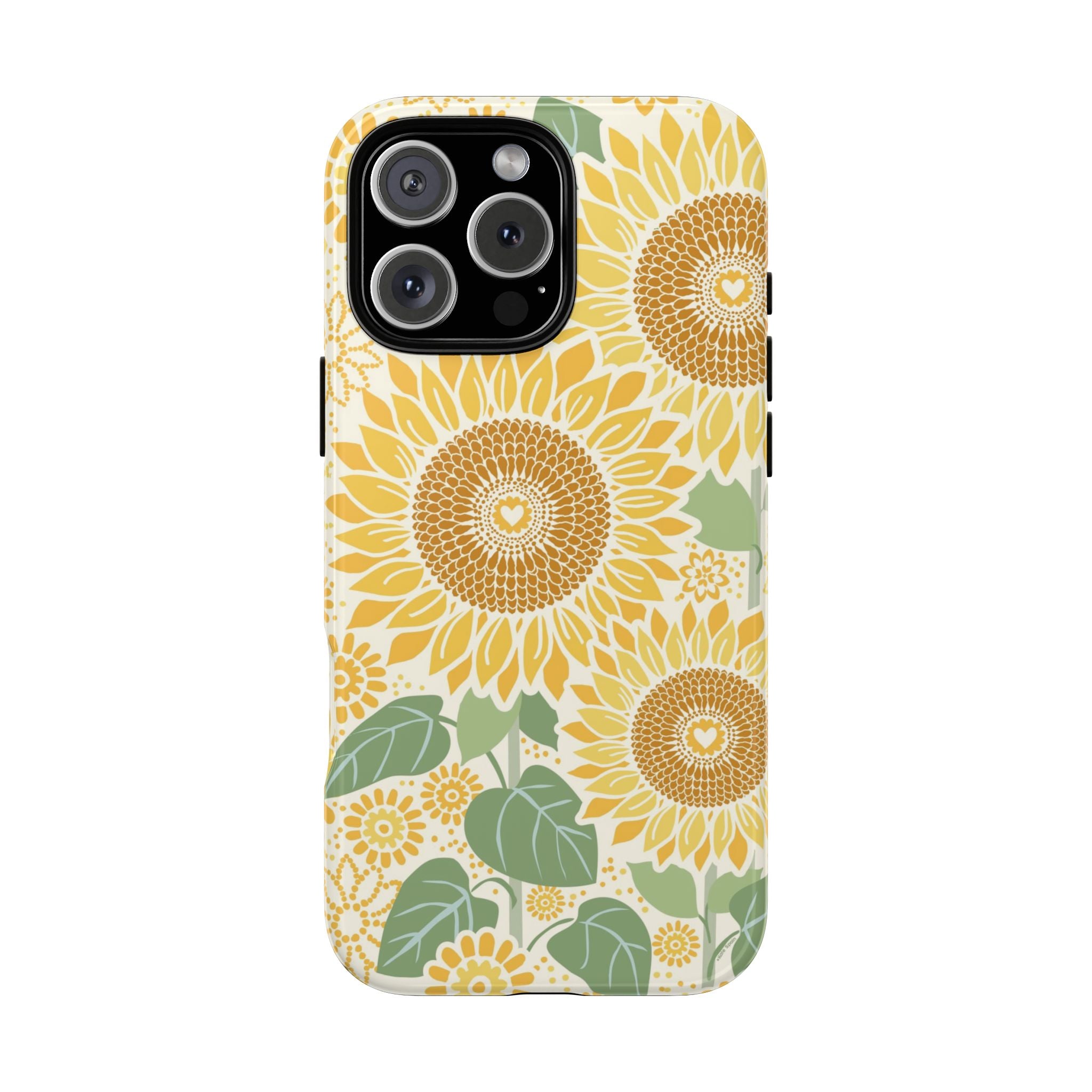 Sunny Sunflower iPhone 16 Pro Max case – Glossy | cream ground, large-scale yellow sunflower print, golden seed detail with heart centers, dual-layer protection