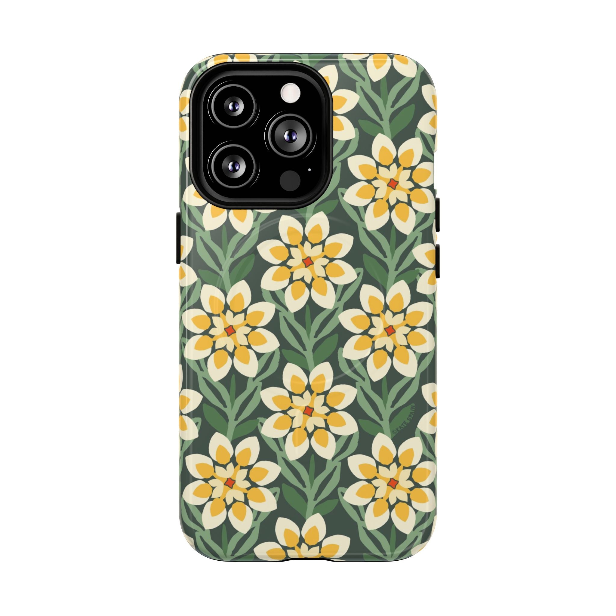 Designer Modern Dahlia MagSafe iPhone 13 Pro Case – Glossy | yellow, cream, green dahlia floral print