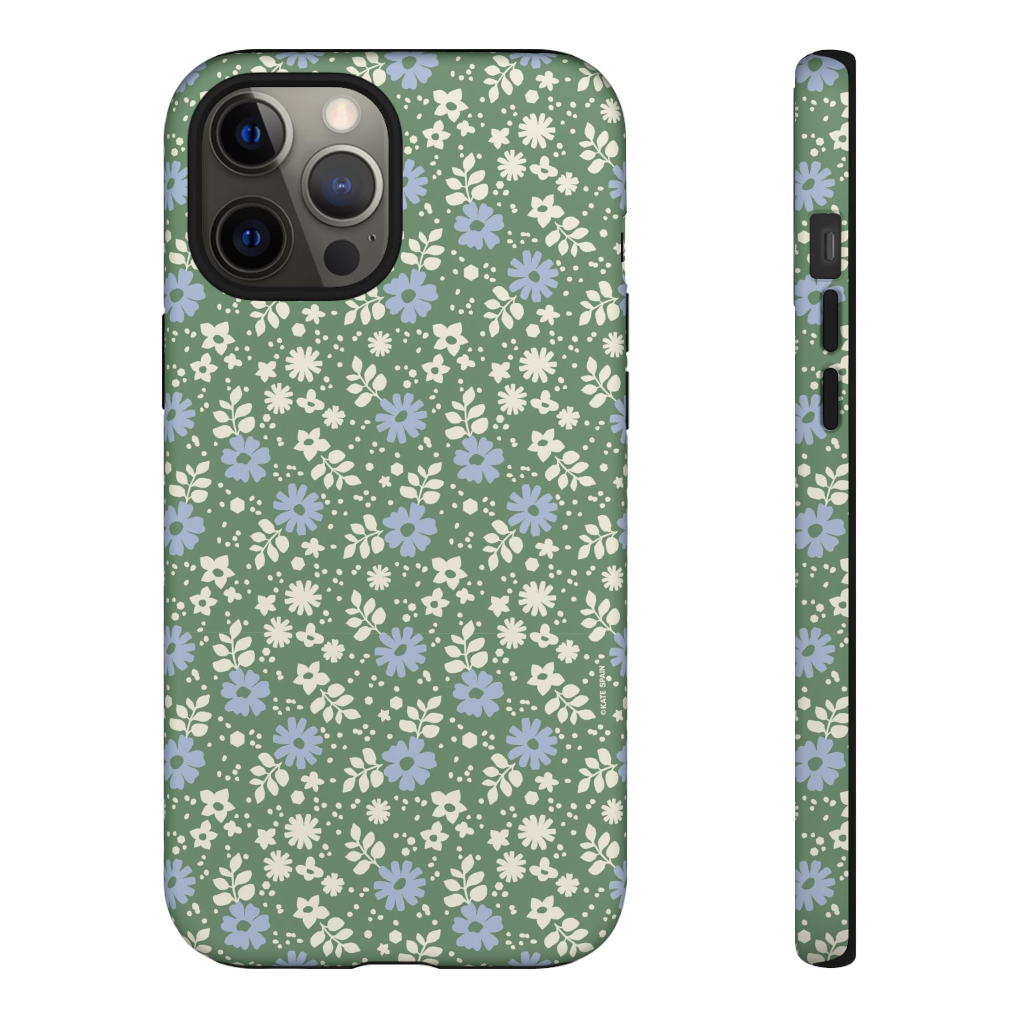 Petaline Tough iPhone 12 Pro Max Case – Matte | green, blue, cream ditsy floral print