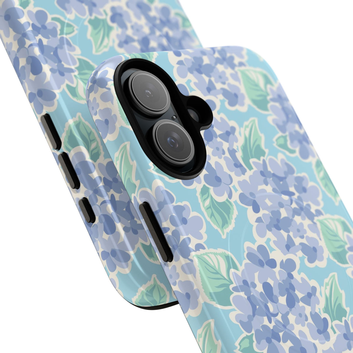Nantucket Hydrangea MagSafe iPhone Case – angled view closeup of camera cutout and buttons | periwinkle, sky blue, mint hydrangea floral print