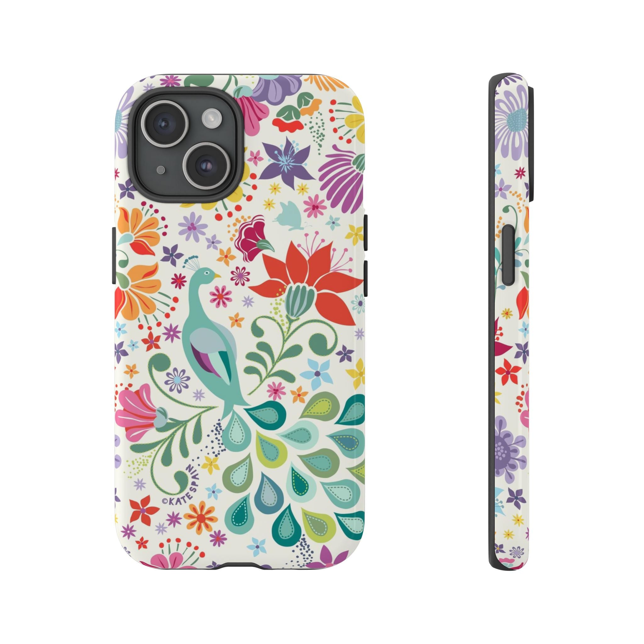 Peacock Sanctuary Tough iPhone 15 Case – Glossy | white, teal, coral multicolor vibrant peacock feather botanical print