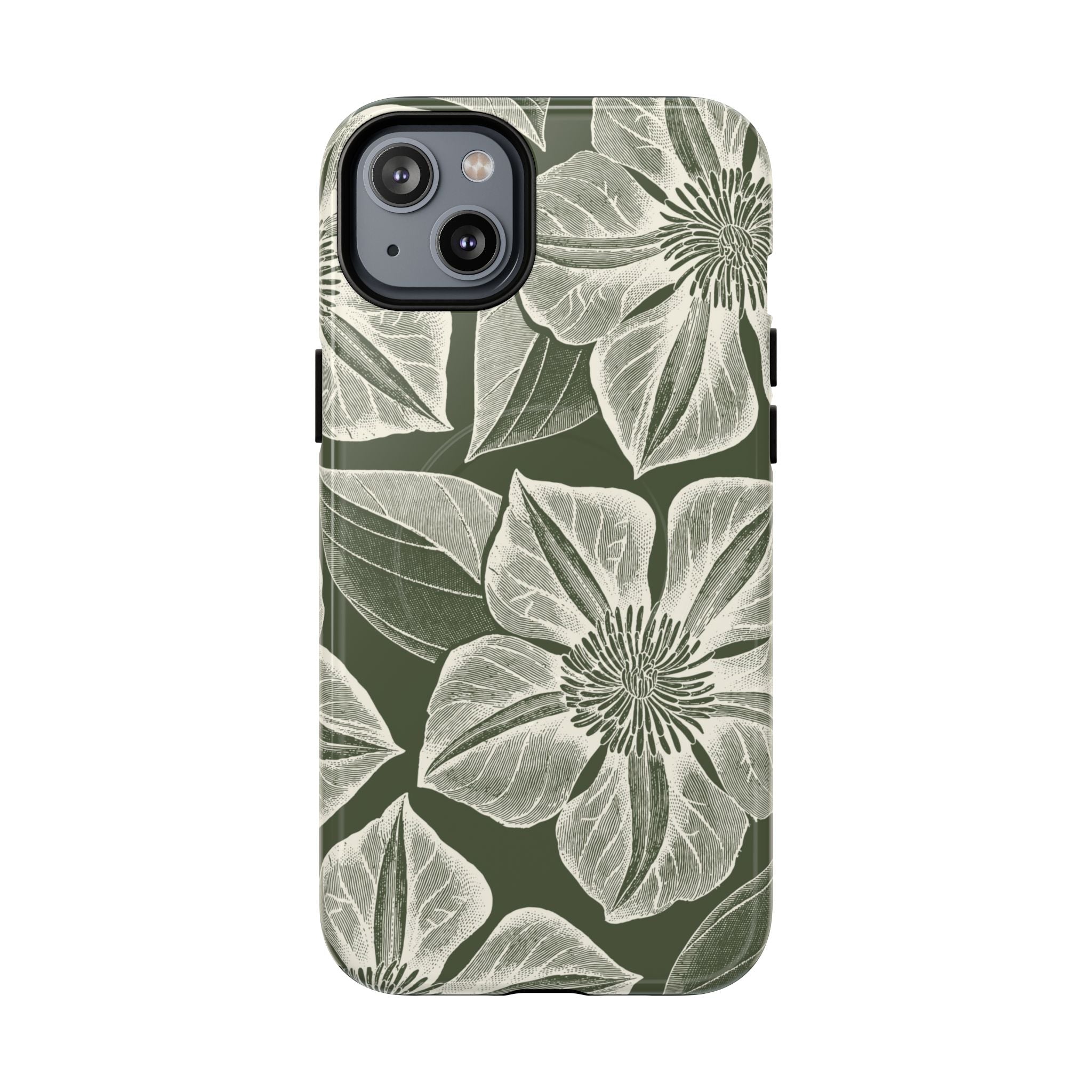 Vintage Bloom Cypress MagSafe iPhone 14 Plus – Glossy | cypress green ground, large-scale white clematis print, engraved petal detail, dual-layer protection