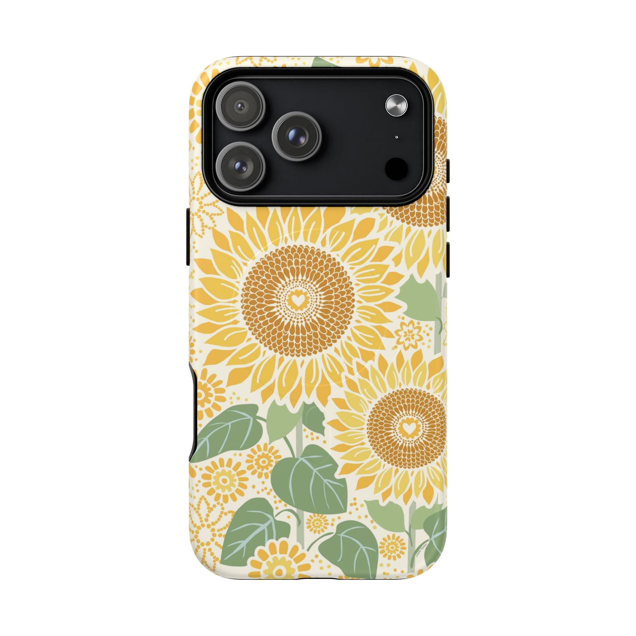 Sunny Sunflower MagSafe iPhone 17 Pro Max – Matte | cream ground, large-scale yellow sunflower print, golden seed detail with heart centers, dual-layer protection
