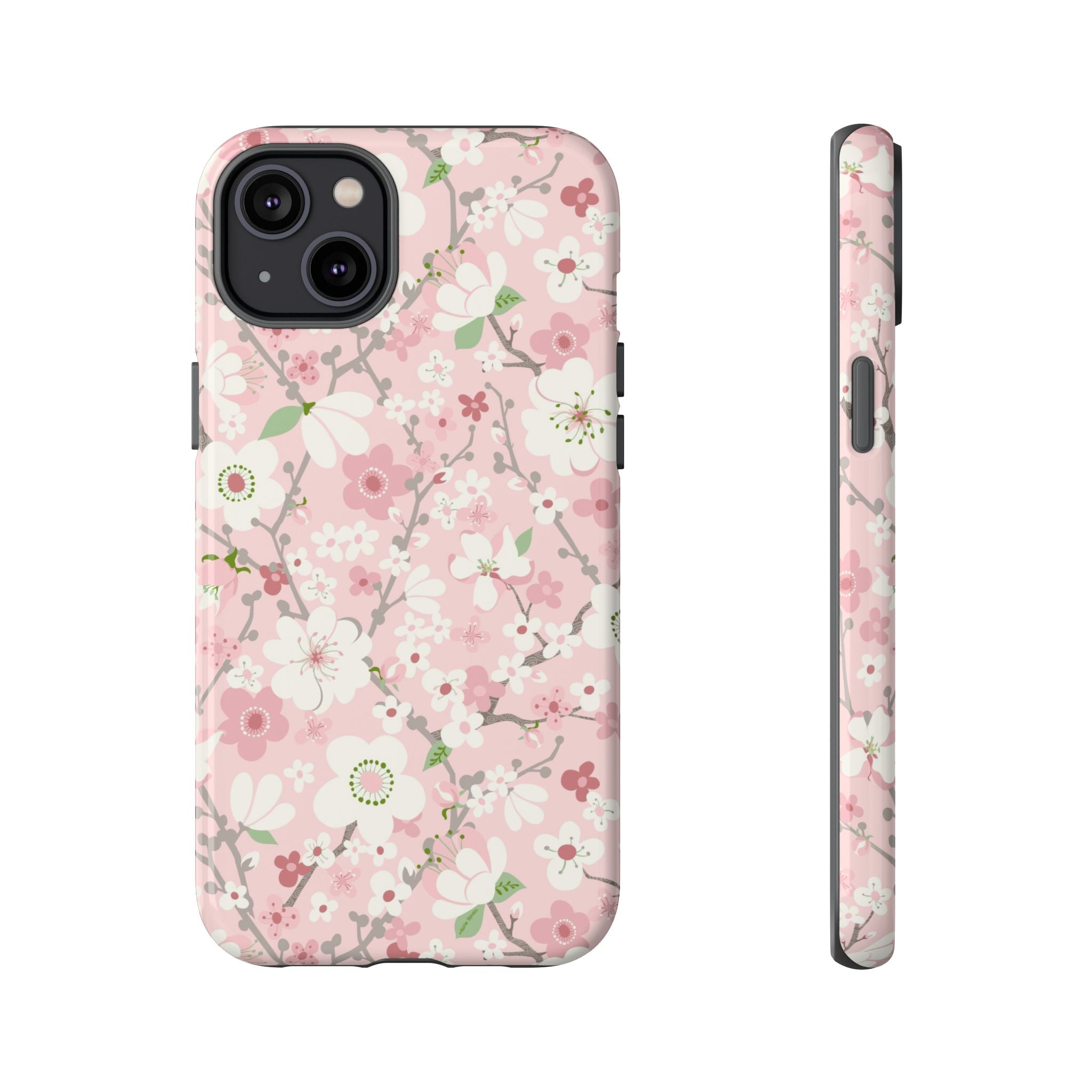 Luxury Pink Cherry Blossom Tough iPhone 14 Plus Case – Glossy | light pink, white, cherry blossom floral print