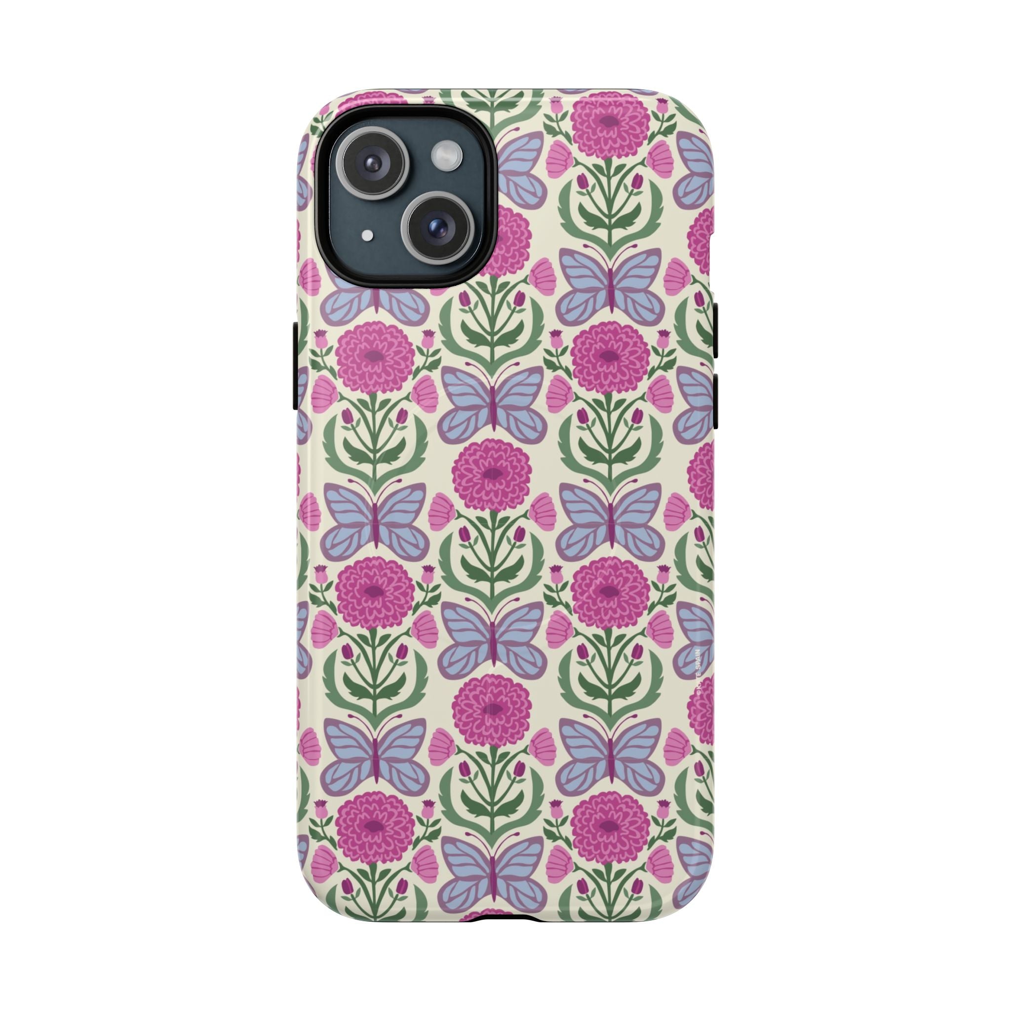 Butterfly MagSafe iPhone 15 Plus Case – Glossy | cream, magenta, periwinkle butterfly floral print