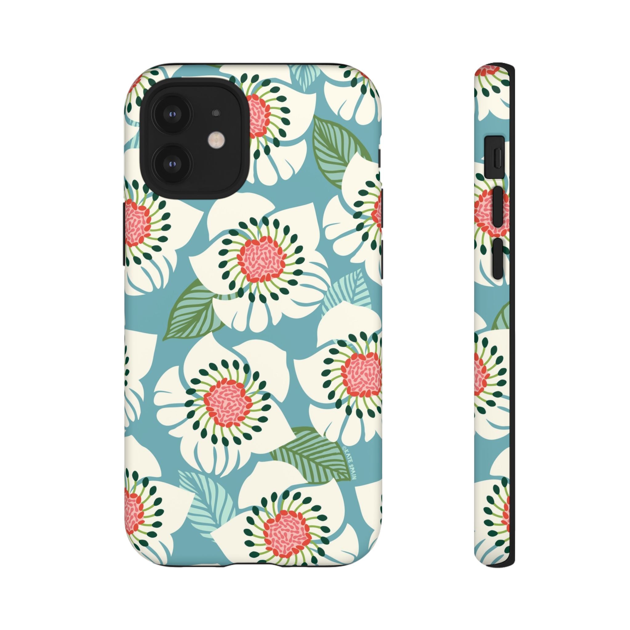 Panache Floral Tough iPhone 12 Mini Case – Matte | sky blue, pale cream, pink anemone floral print