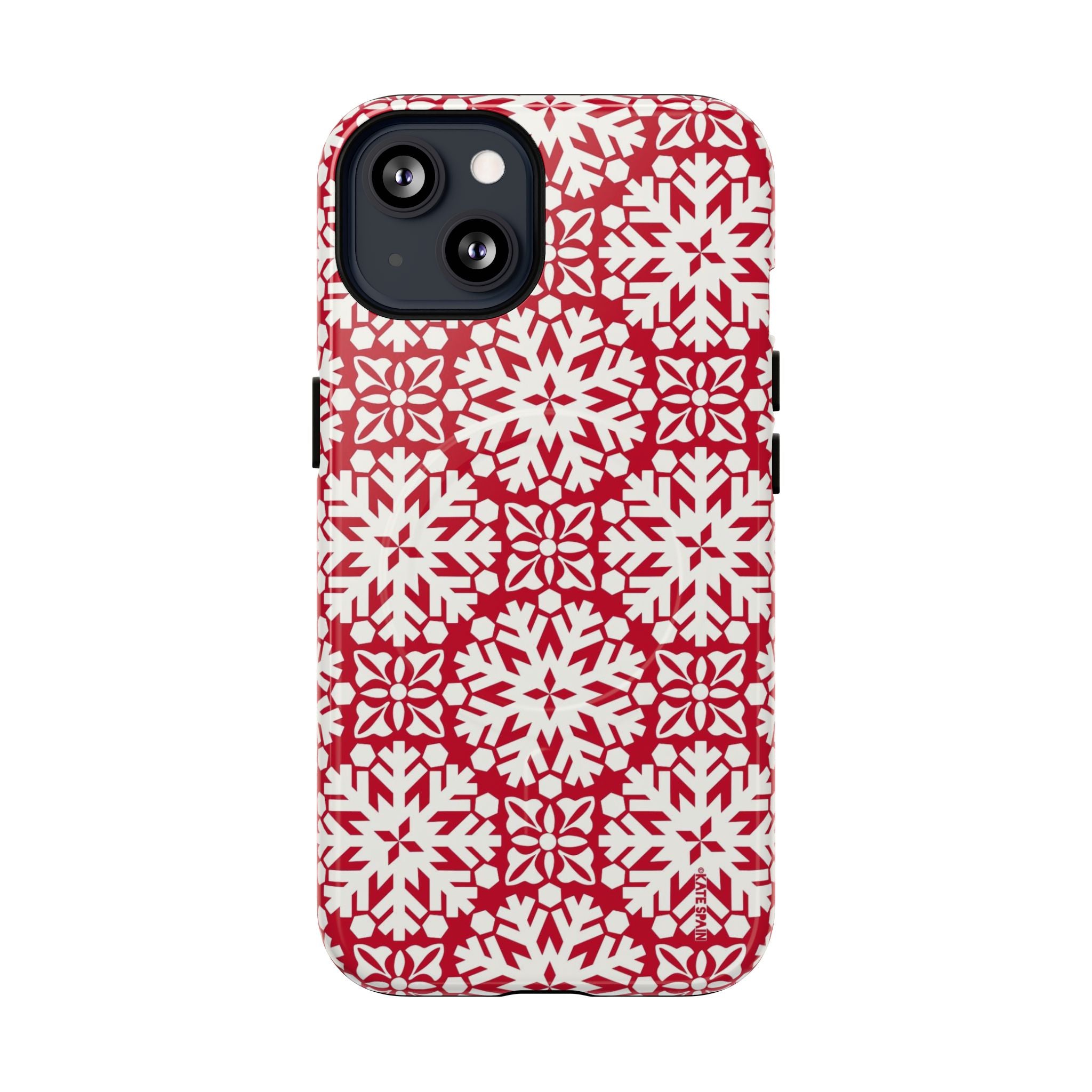 Flurry MagSafe iPhone 13 Case – Glossy | red and cream geometric snowflake tile print