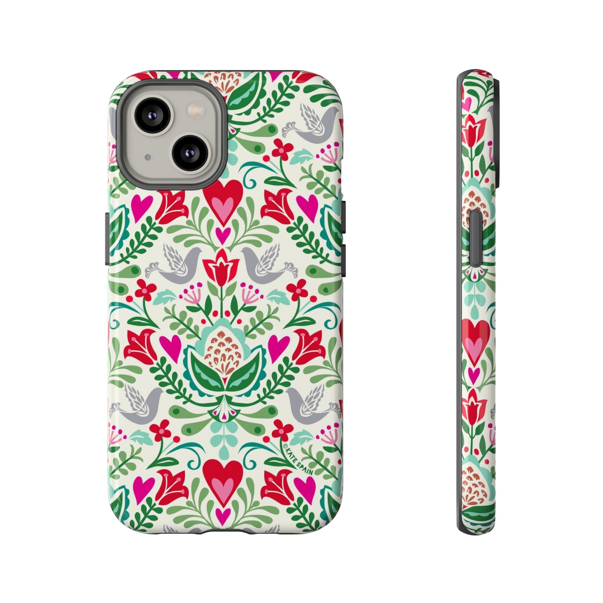 Rosemaling Tough iPhone 14 Case – Glossy | cream, red, pink, green, gray folk art floral bird print