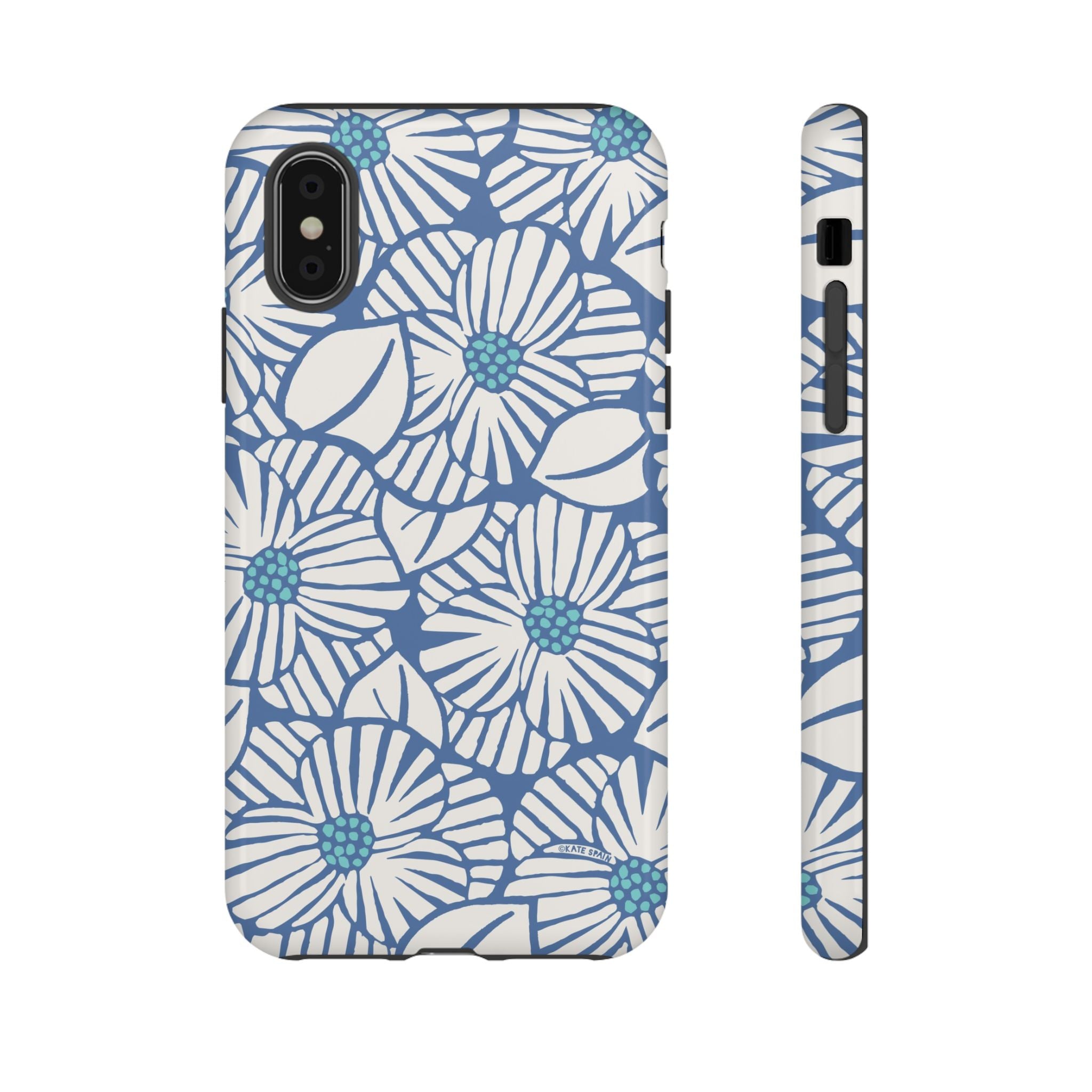 Calendula Tough iPhone XS Case – Glossy | periwinkle, cream, teal graphic daisy floral print