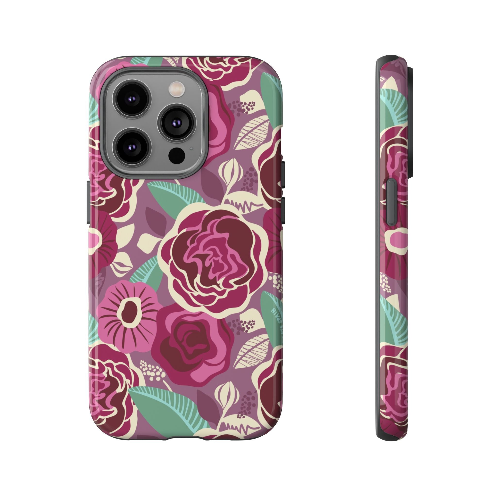 Tea Rose Burgundy Tough iPhone 14 Pro Case – Glossy | burgundy, magenta, plum botanical rose floral print