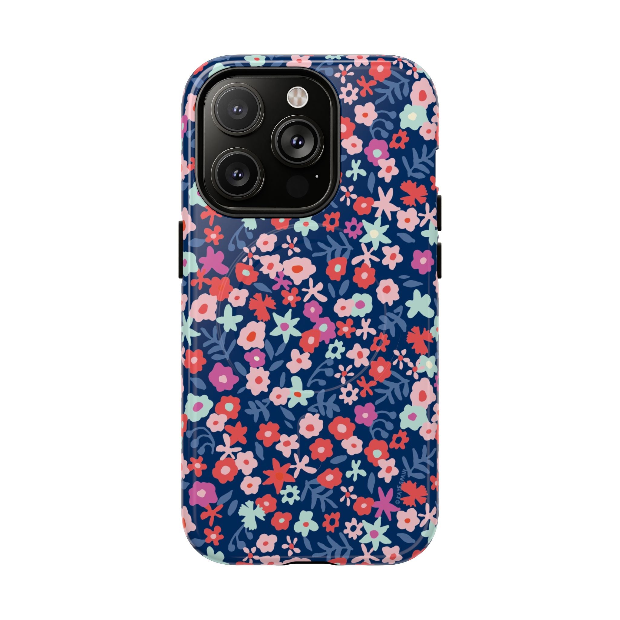 Primrose MagSafe iPhone 14 Pro Case – Glossy | navy, pink, white ditsy floral print