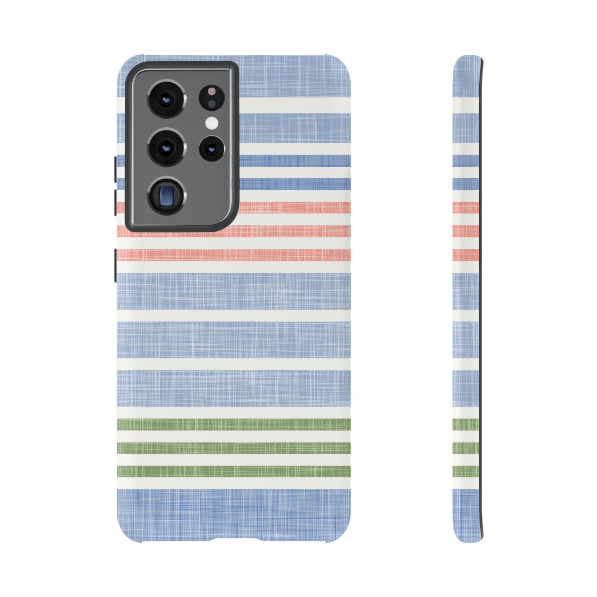 Cabana Stripe Pastel Samsung Galaxy S21 Ultra Case – Matte | soft blue, coral, sage green chambray-textured stripe print dual-layer protection